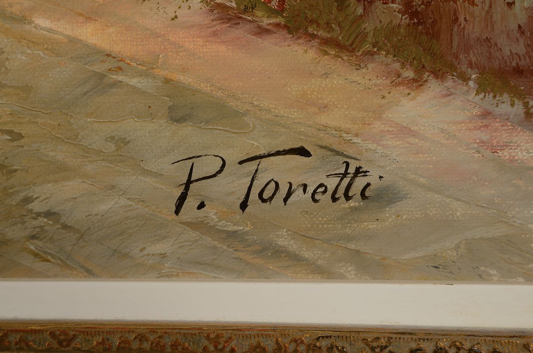 Detail a: Pietro Toretti, 1888 - 1927 Italien,, italienische Küstenlandschaft mit, einem Paar und einem kleinen Jungen, auf der Uferstraße, Öl/Lwd, ...
