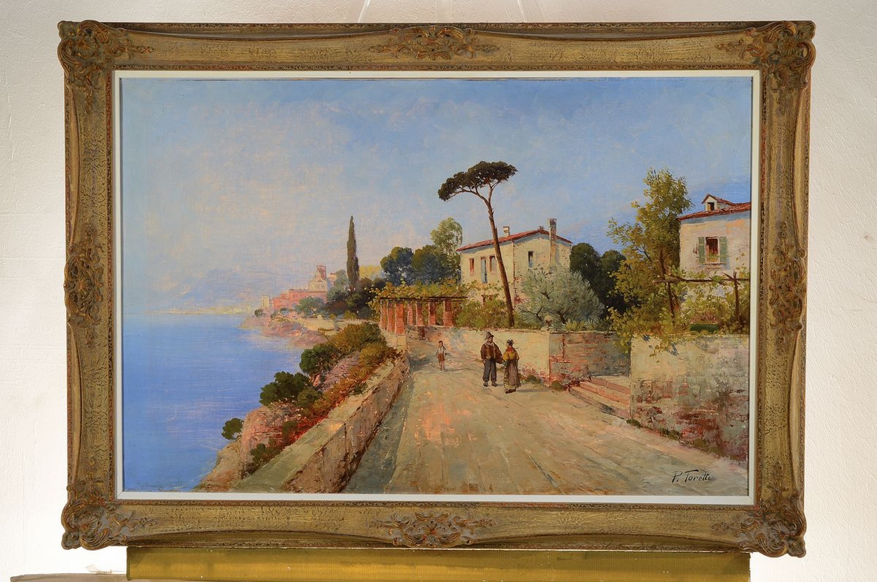 Detail k: Pietro Toretti, 1888 - 1927 Italien,, italienische Küstenlandschaft mit, einem Paar und einem kleinen Jungen, auf der Uferstraße, Öl/Lwd, ...