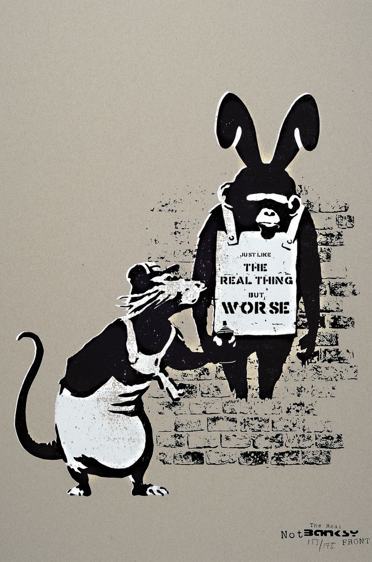 Detail a: Banksy By Not Banksy, "Like the Real Thing Bur Worthless", Farbsiebdruck/Pappe, unten num. ,verso sign., Stempel, mit Zertifikat, ca. 64x45 ...