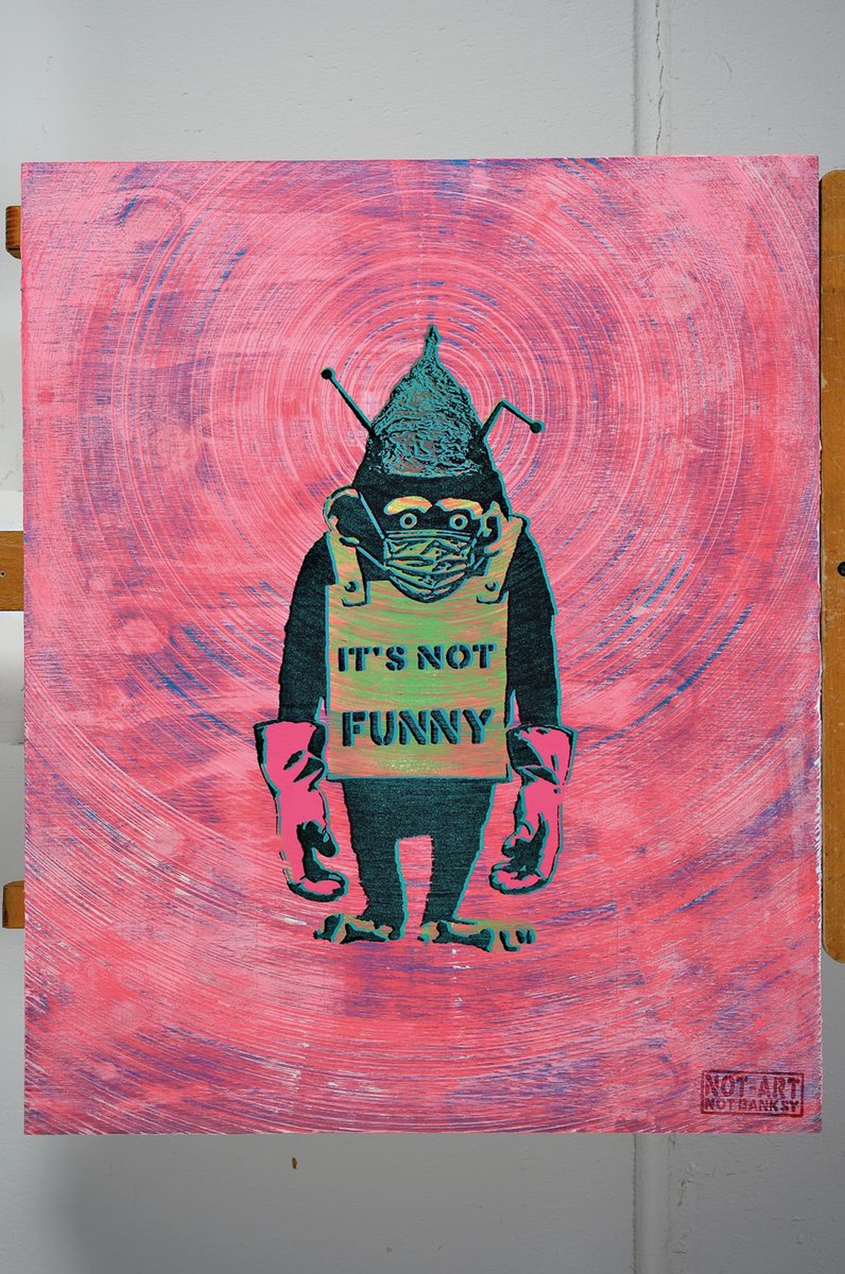 Detail k: Banksy Not Banksy, " It´s Not Funny, "Original", Sprühtechnik/Holz, 2020, verso sign., Stempel, ca. 61x50, inkl. Zertifikat