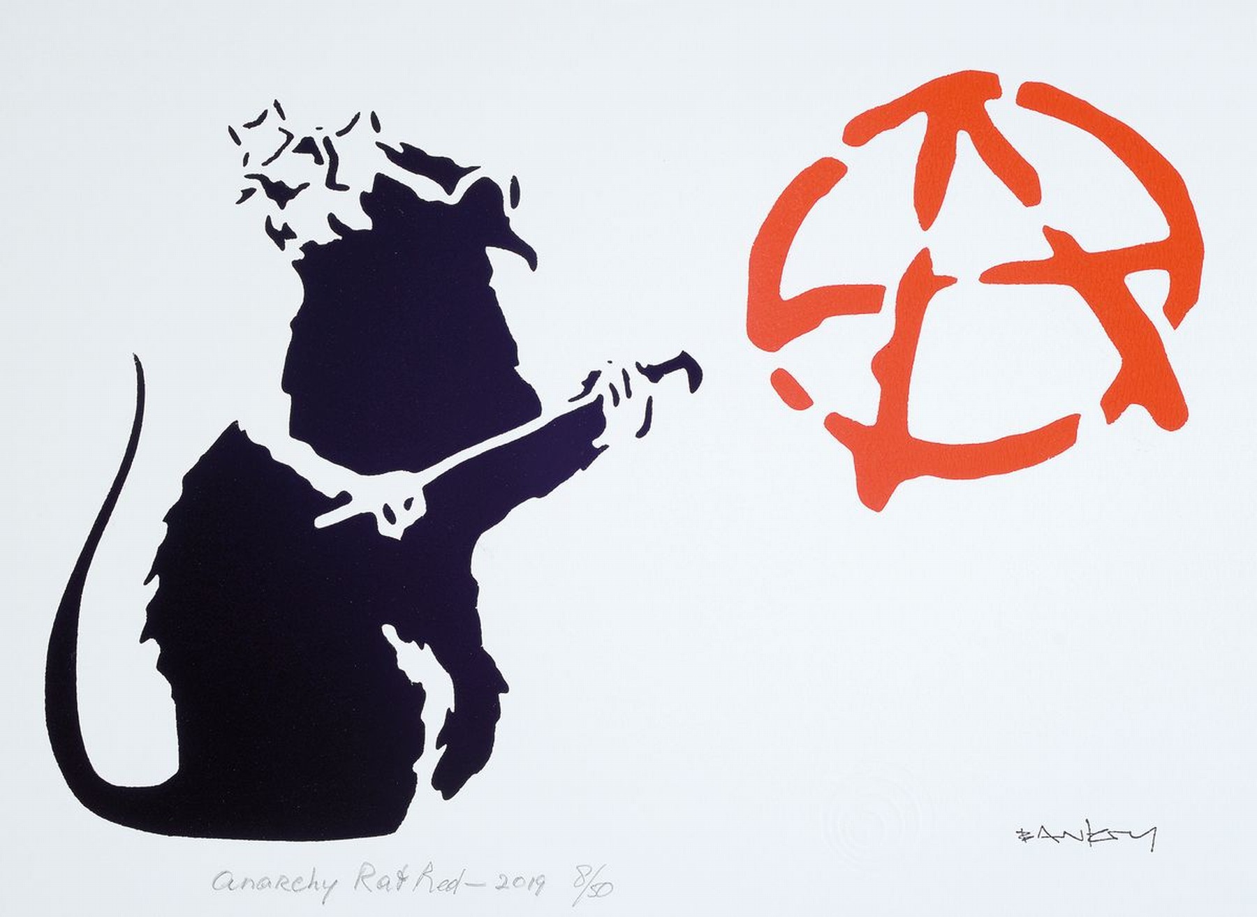 Banksy, "Anarchy Rat Red", num. 8/50, dat. 8/50, ca. 40x30 cm, inkl. Zertifikat