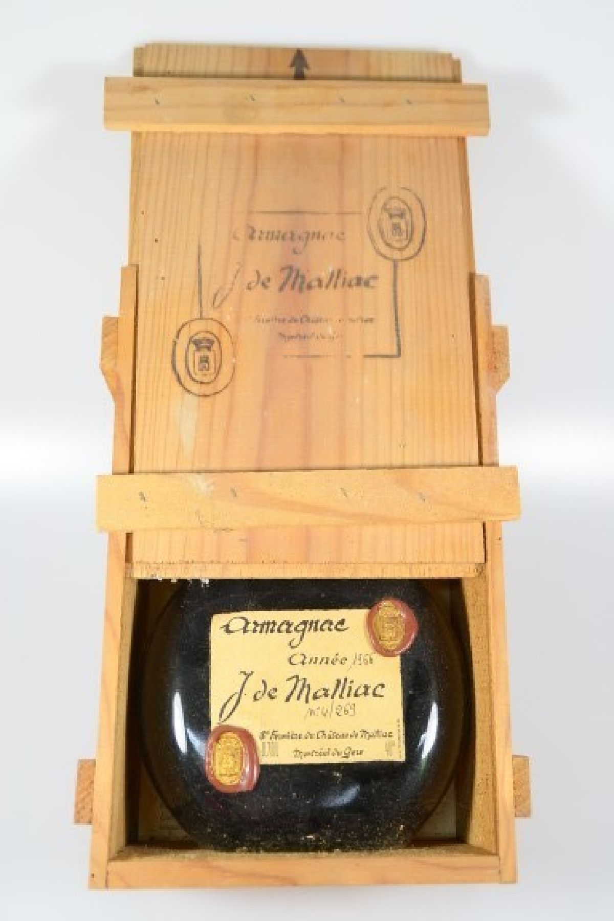 Detail c: 1 Fl. 1966 Armagnac, J. de Malliac, 0.70 l, 40 %, orig. Holzkiste