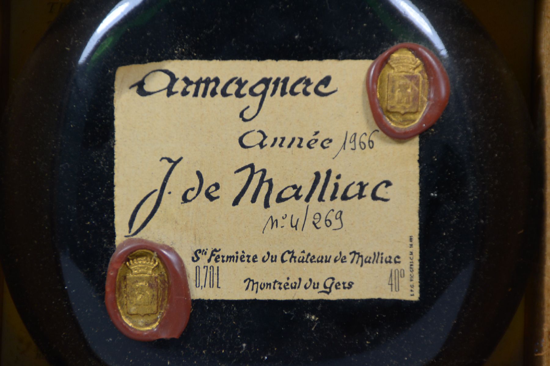 Detail d: 1 Fl. 1966 Armagnac, J. de Malliac, 0.70 l, 40 %, orig. Holzkiste