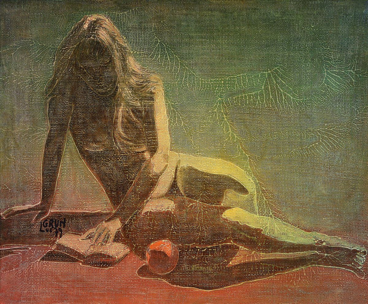 Luc Grun, geb. 1936, französischer Künstler,sitzender Akt mit Buch und Apfel, signiert und dat. 79, ca. 50 x 62 cm, Rahmen: 60 x 72 cm