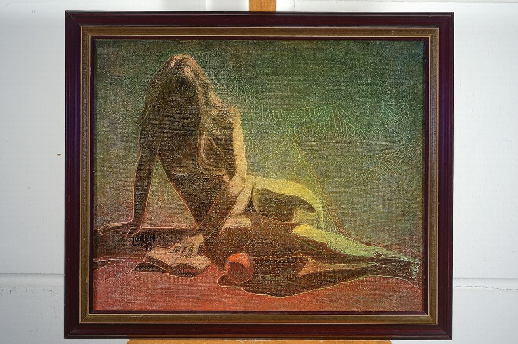 Detail k: Luc Grun, geb. 1936, französischer Künstler,sitzender Akt mit Buch und Apfel, signiert und dat. 79, ca. 50 x 62 cm, Rahmen: 60 x 72 cm