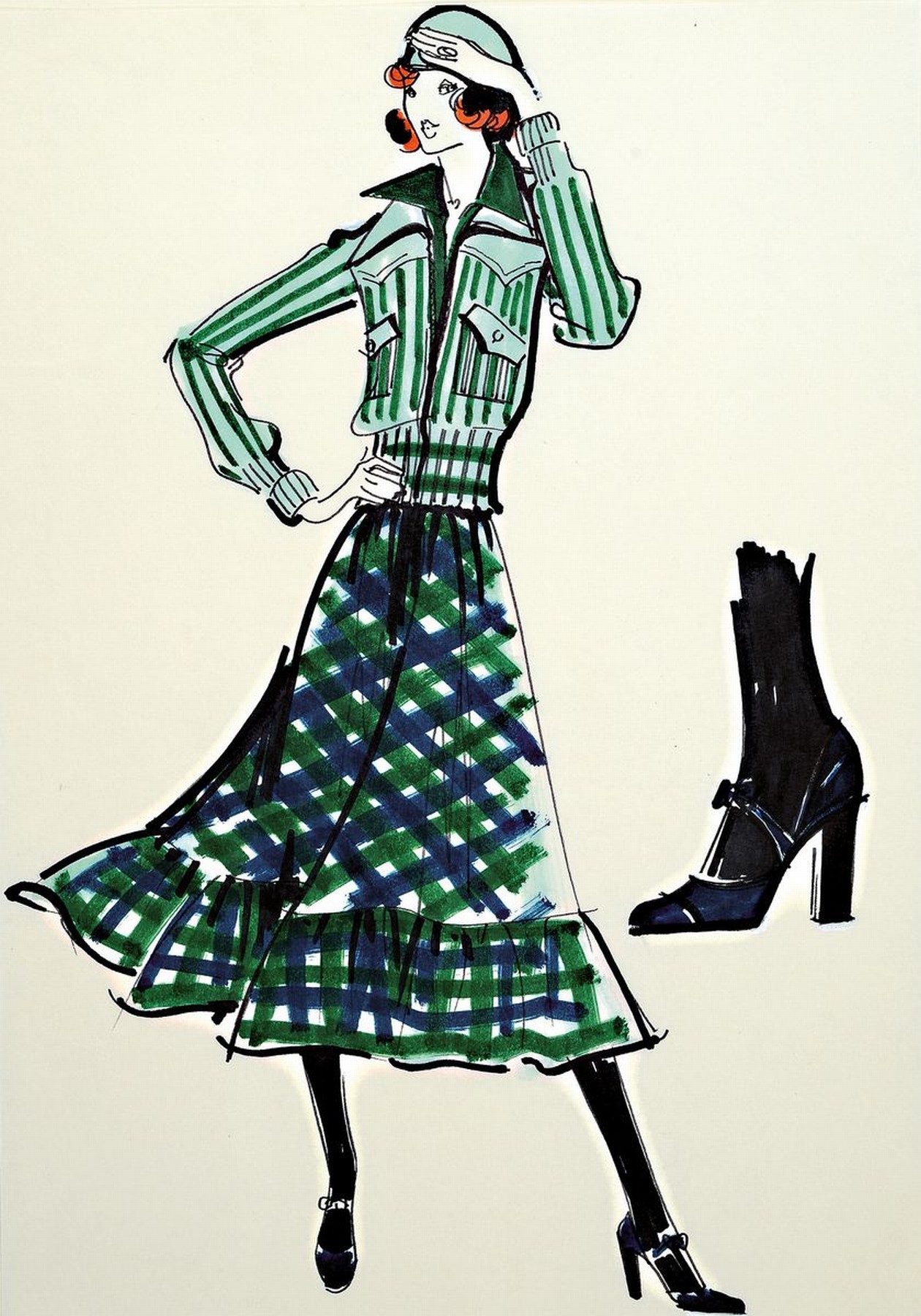 Karl Lagerfeld, geb. 1933 Hamburg, Modezeichnung, Filzstift auf Papier, ca. 30x21 cm,Blattgr. 51x34 cm, l. verschmutzt, knicken