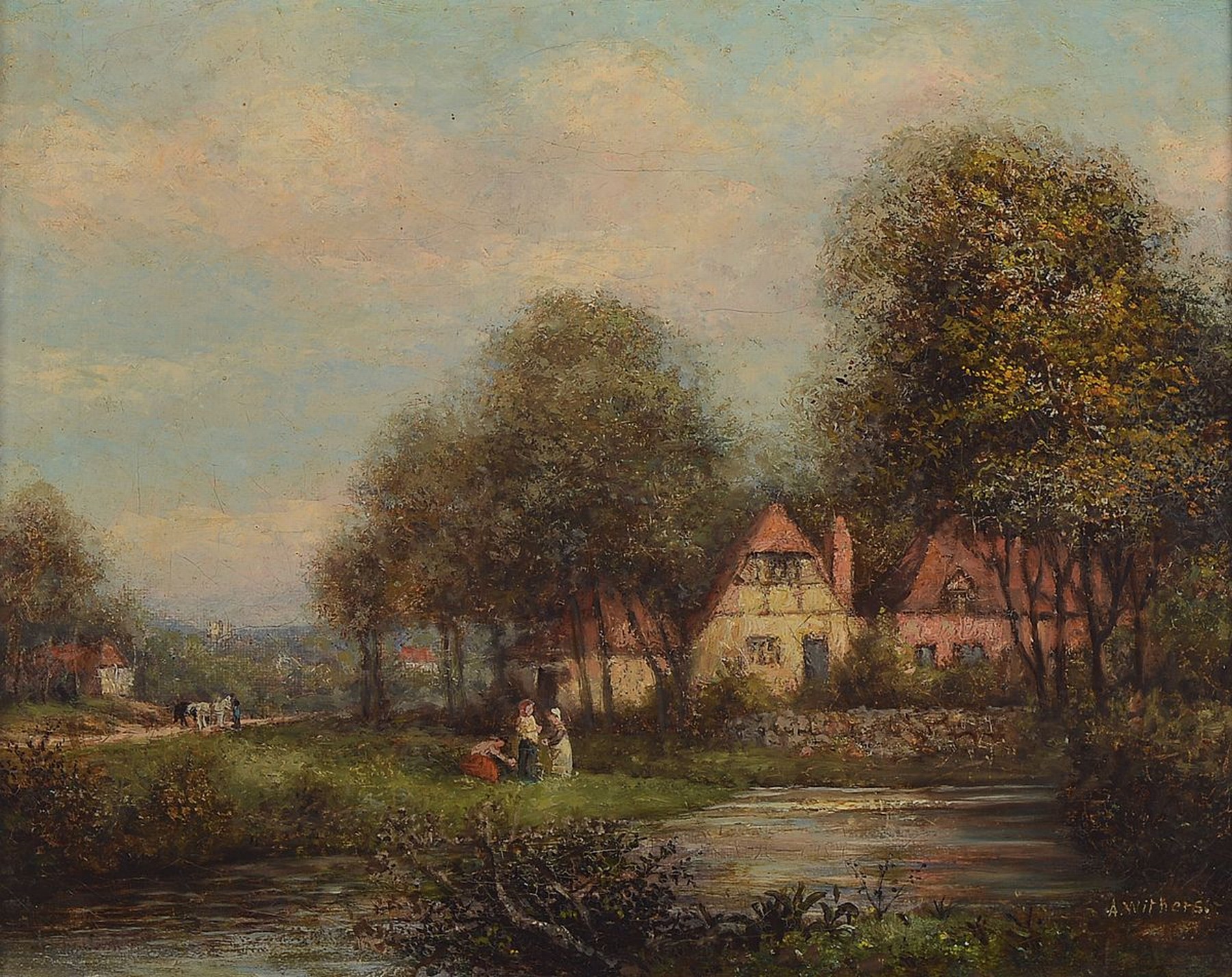 Alfred Withers, geb. 1856 London, bäuerliche Landschaft mit Personen, Mühle am Bach, re. u. signiert, Öl/Lwd, ca. 23 x 30 cm, Rahmen ca. 37.5 x 43 ...