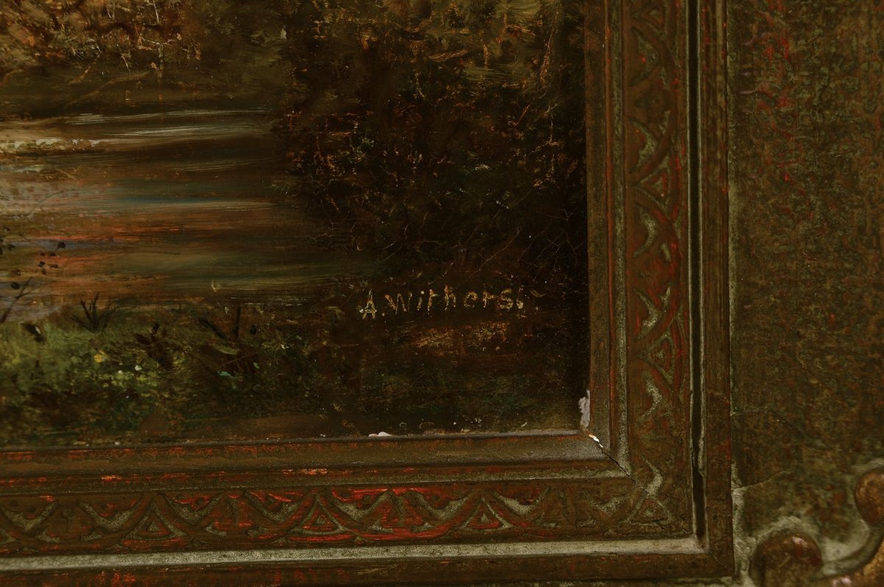 Detail a: Alfred Withers, geb. 1856 London, bäuerliche Landschaft mit Personen, Mühle am Bach, re. u. signiert, Öl/Lwd, ca. 23 x 30 cm, Rahmen ca. 37.5 x 43 ...