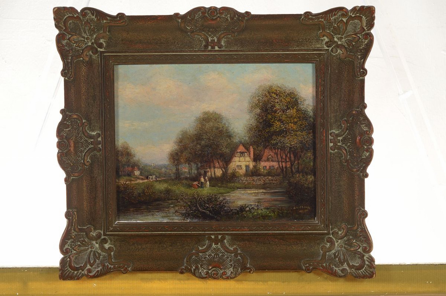 Detail k: Alfred Withers, geb. 1856 London, bäuerliche Landschaft mit Personen, Mühle am Bach, re. u. signiert, Öl/Lwd, ca. 23 x 30 cm, Rahmen ca. 37.5 x 43 ...