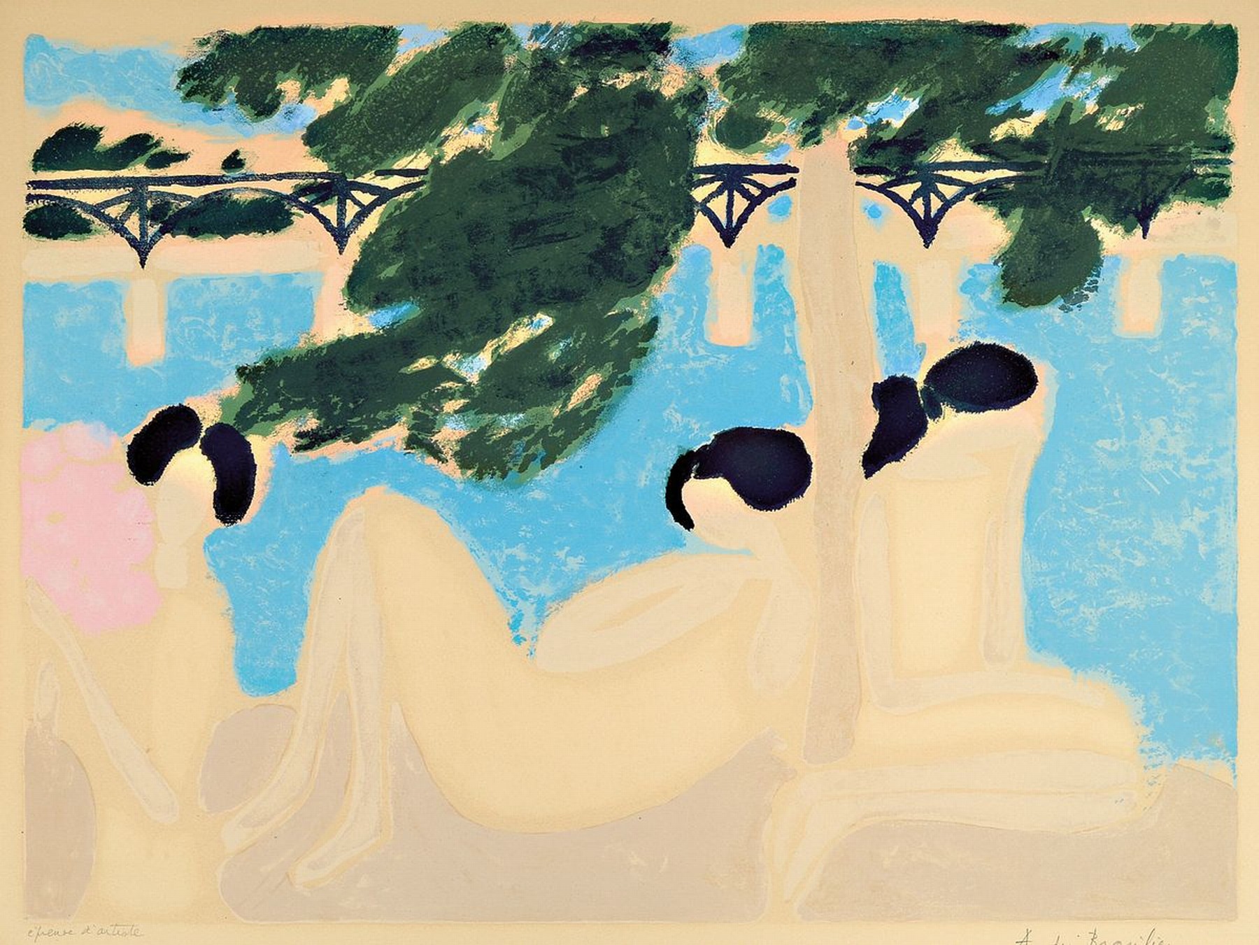 Andre Brasilier, geb. 1929, Farblithografie, rechts unten sign., unter Glas gerahmt, gesamt ca. 85x70 cm