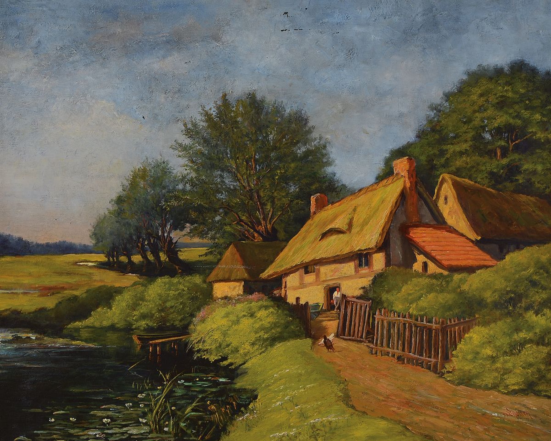 N. Schotten, Künstler Anfang 20. Jh.,, norddeutsche Landschaft mit reetgedeckten Häusern, Öl/Lwd,, signiert, ca. 60 x 75 cm, Rahmen ca. 72 x 87 cm ...