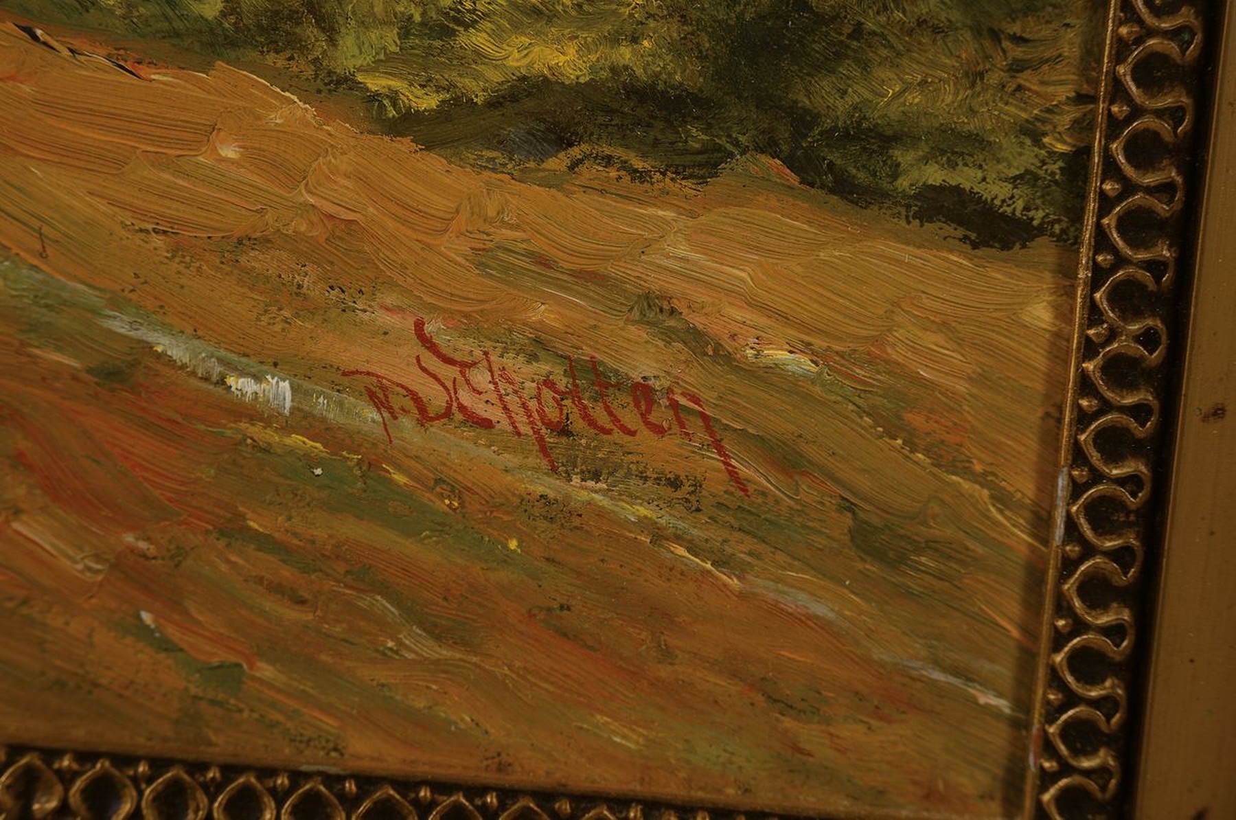 Detail a: N. Schotten, Künstler Anfang 20. Jh.,, norddeutsche Landschaft mit reetgedeckten Häusern, Öl/Lwd,, signiert, ca. 60 x 75 cm, Rahmen ca. 72 x 87 cm ...