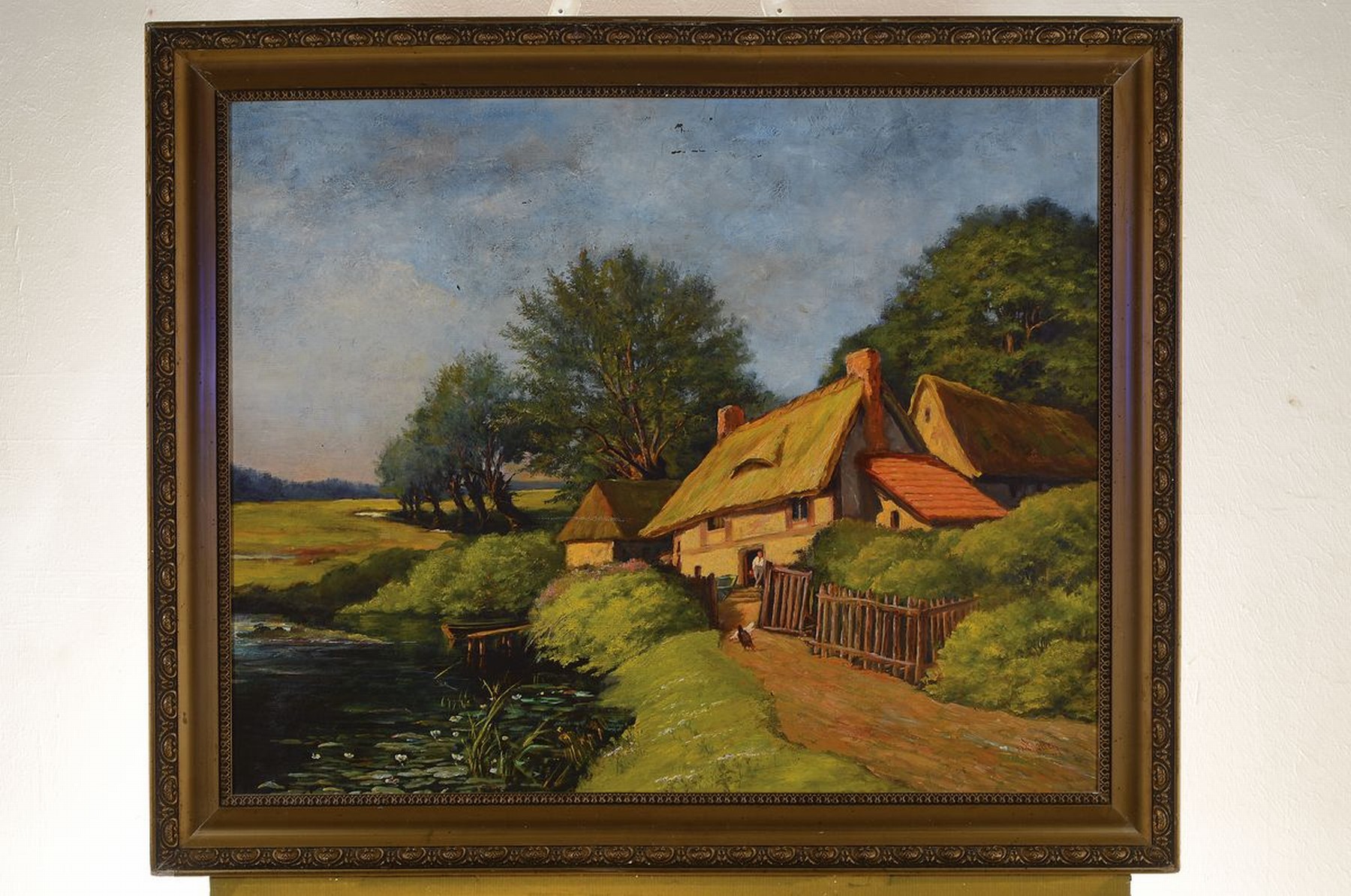 Detail k: N. Schotten, Künstler Anfang 20. Jh.,, norddeutsche Landschaft mit reetgedeckten Häusern, Öl/Lwd,, signiert, ca. 60 x 75 cm, Rahmen ca. 72 x 87 cm ...