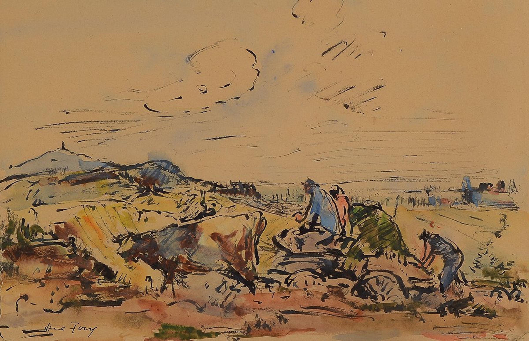 Hanns Fay, 1888 Frankenthal - 1957, Neustadt, Landschaft mit Ochsengespann, Aquarell/Papier, li. u. signiert, links mit Riss im Papier, 23 x 35 cm, ...