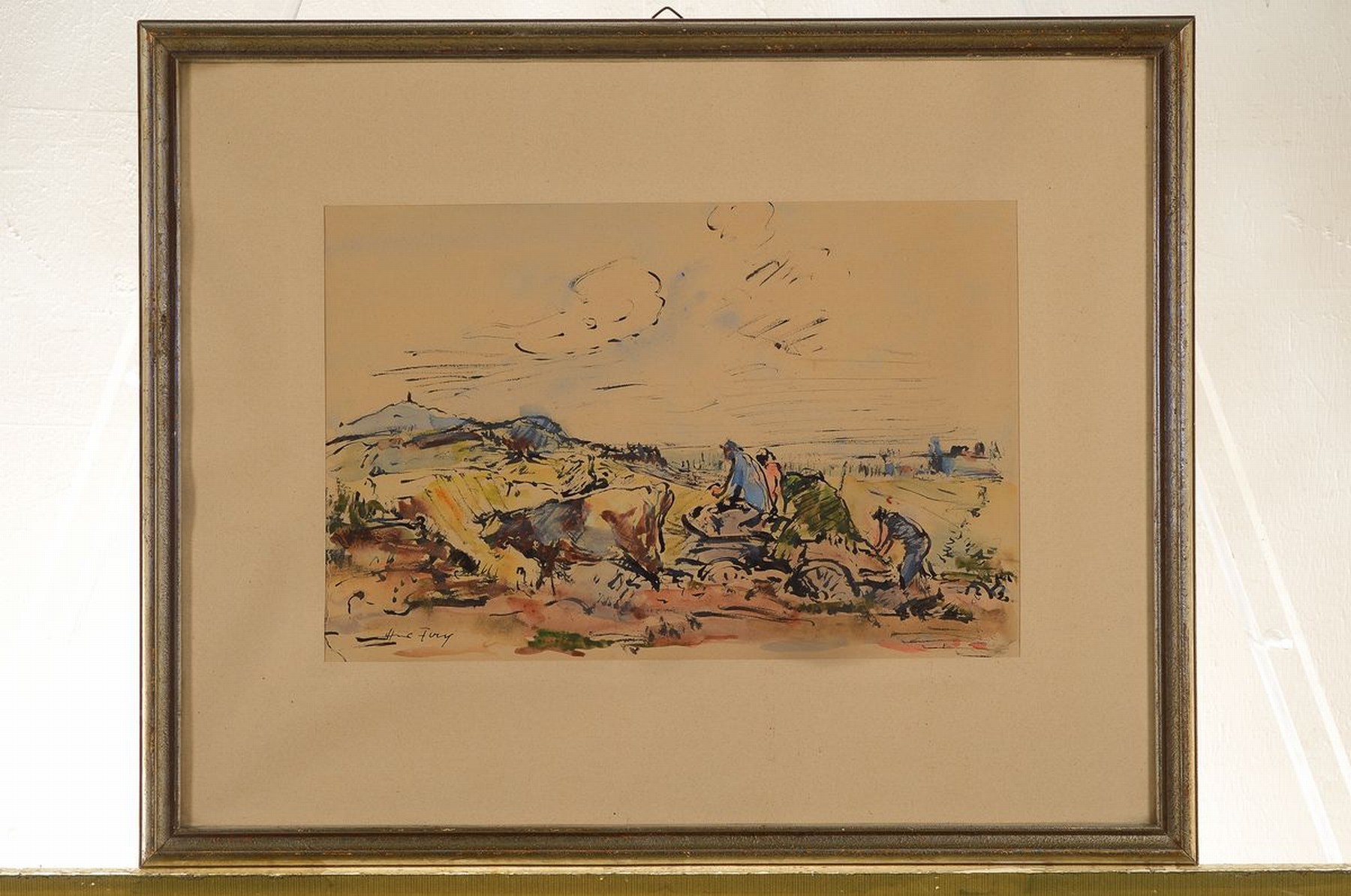 Detail k: Hanns Fay, 1888 Frankenthal - 1957, Neustadt, Landschaft mit Ochsengespann, Aquarell/Papier, li. u. signiert, links mit Riss im Papier, 23 x 35 cm, ...