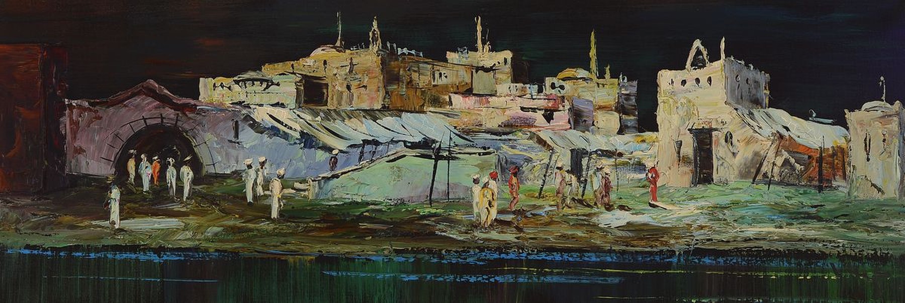 Willi Jäger, geb. Bernburg 1912 - 1981, "In Marokko vor Marrakesch", rückseitig betitelt und nochmals signiert, Öl/Lwd, ca. 35 x 100 cm, ...