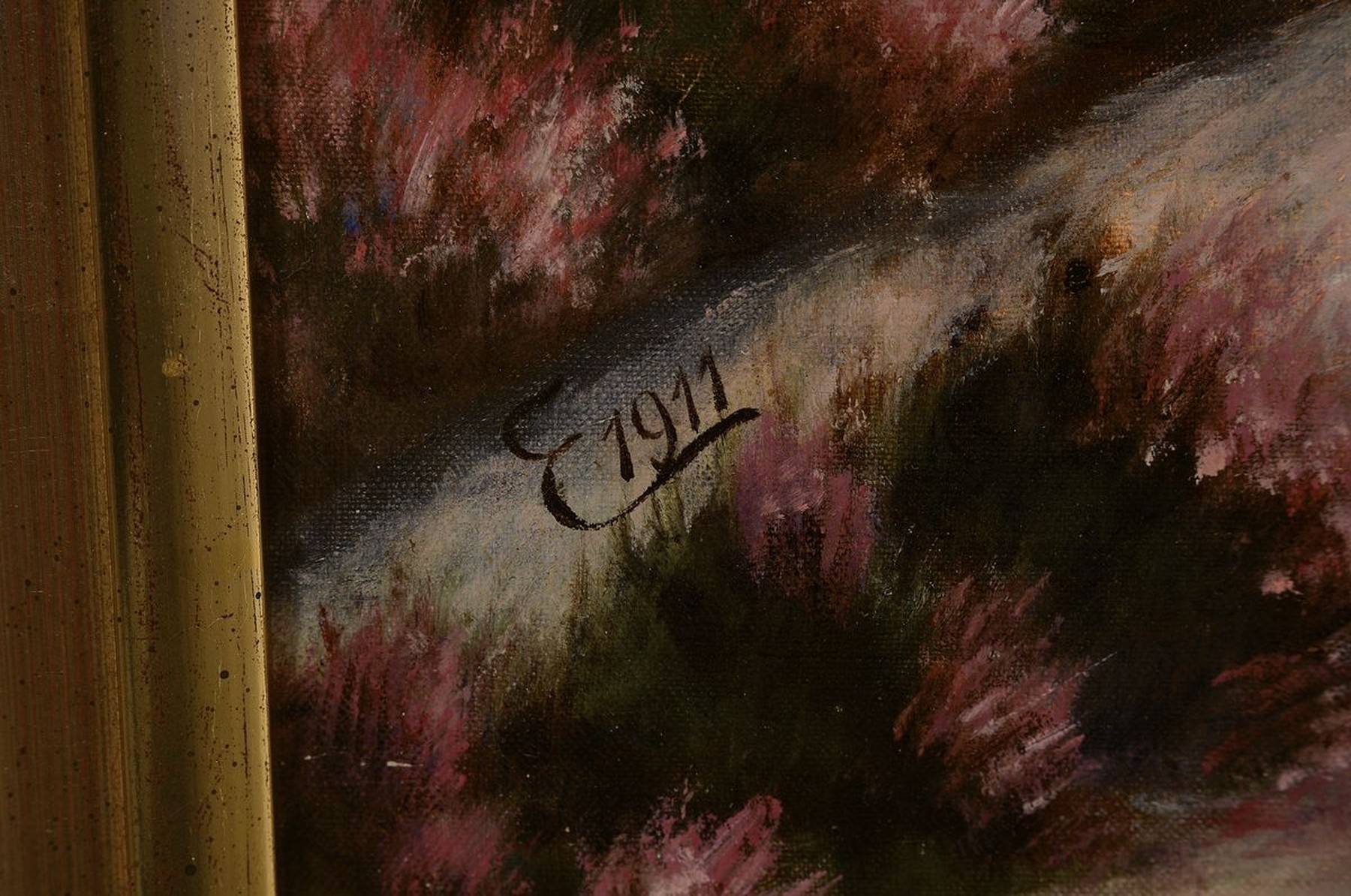 Detail a: Monogrammist E, datiert 1911,, Heidelandschaft mit Birken, Öl/Lwd, signiert und dat, ca. 48 x 70 cm, Rahmen