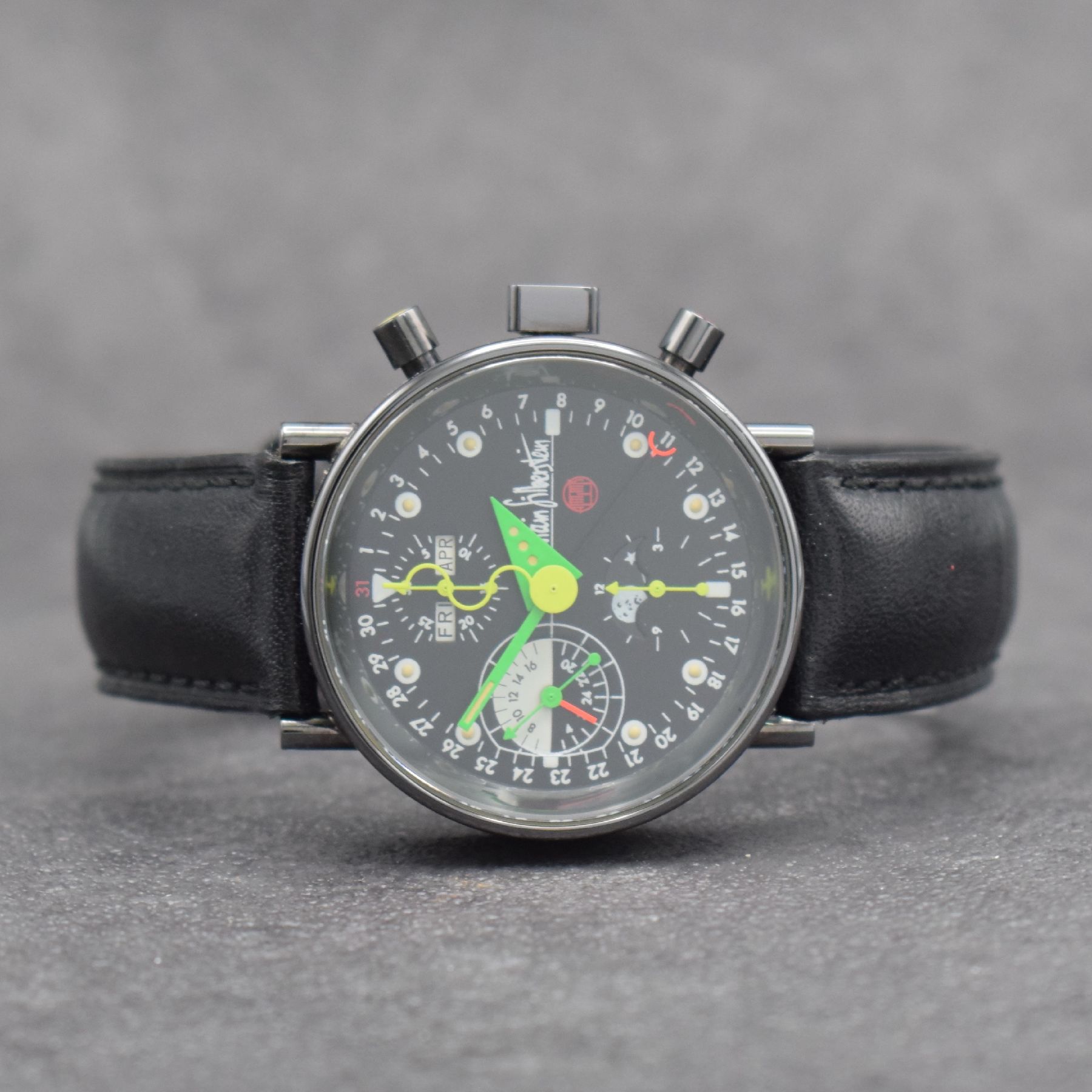 ALAIN SILBERSTEIN KRONO 2 Bauhaus Herrenarmbanduhr mit Chronograph, Vollkalender & Mondphase, Frankreich/Schweiz um 1992, Automatik, auf 999 Stück ...