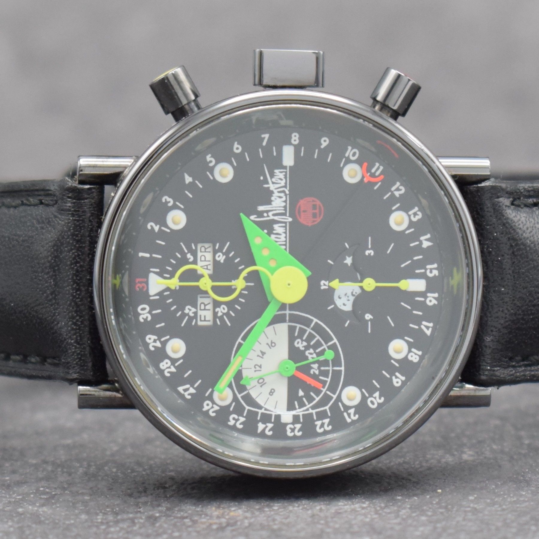 Detail a: ALAIN SILBERSTEIN KRONO 2 Bauhaus Herrenarmbanduhr mit Chronograph, Vollkalender & Mondphase, Frankreich/Schweiz um 1992, Automatik, auf 999 Stück ...