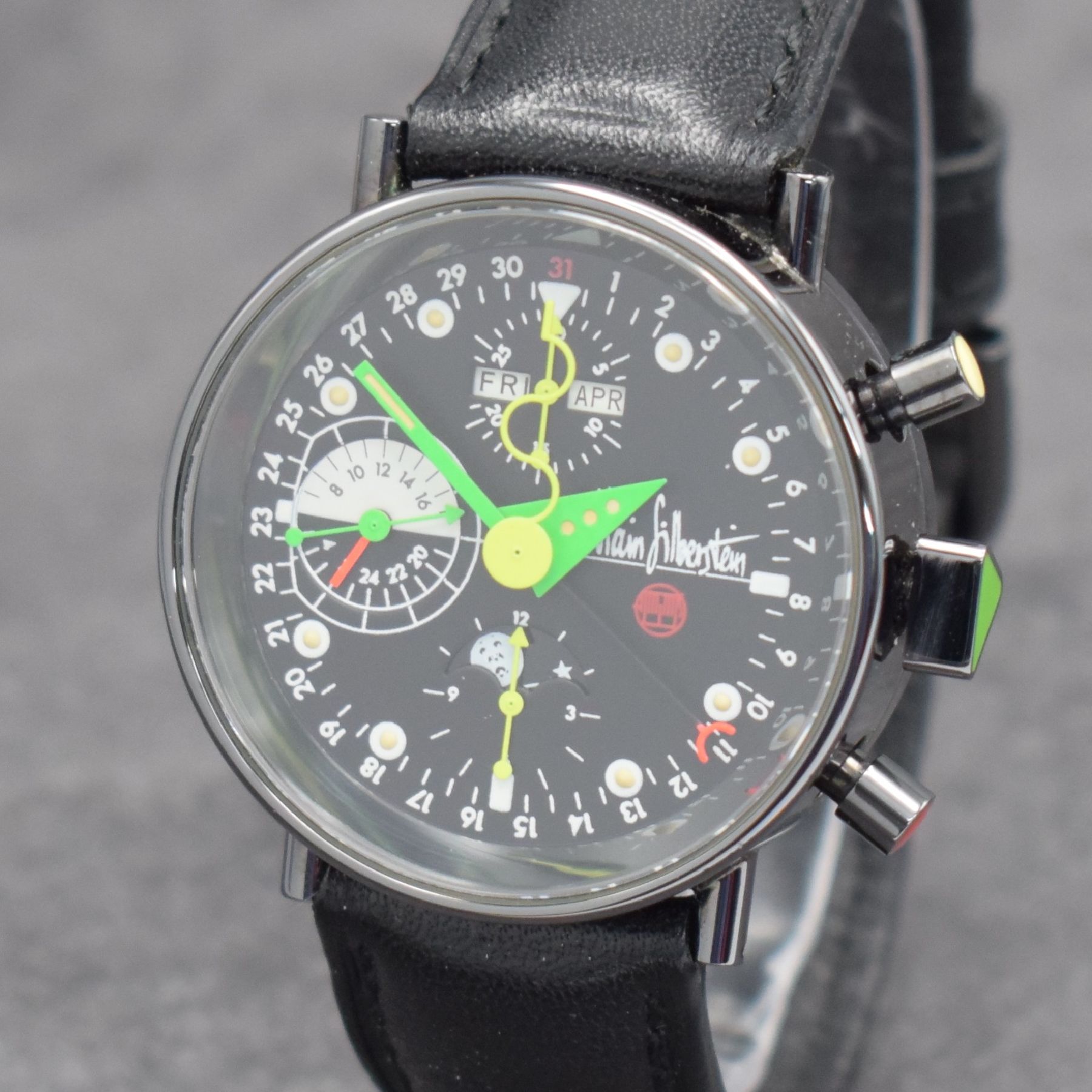 Detail c: ALAIN SILBERSTEIN KRONO 2 Bauhaus Herrenarmbanduhr mit Chronograph, Vollkalender & Mondphase, Frankreich/Schweiz um 1992, Automatik, auf 999 Stück ...