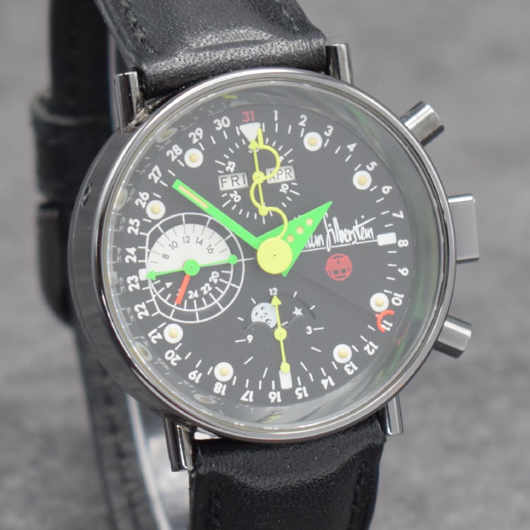 Detail e: ALAIN SILBERSTEIN KRONO 2 Bauhaus Herrenarmbanduhr mit Chronograph, Vollkalender & Mondphase, Frankreich/Schweiz um 1992, Automatik, auf 999 Stück ...