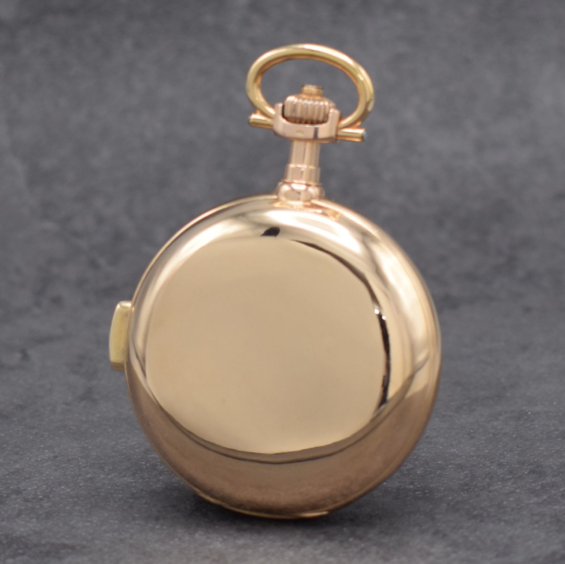 Detail c: Savonette Herrentaschenuhr in RG 585/000 mit Minutenrepetition, Schweiz um 1900, glattes 3-Deckel Goldgeh. m. a-goutte Schlüssen, 2- teil. ...