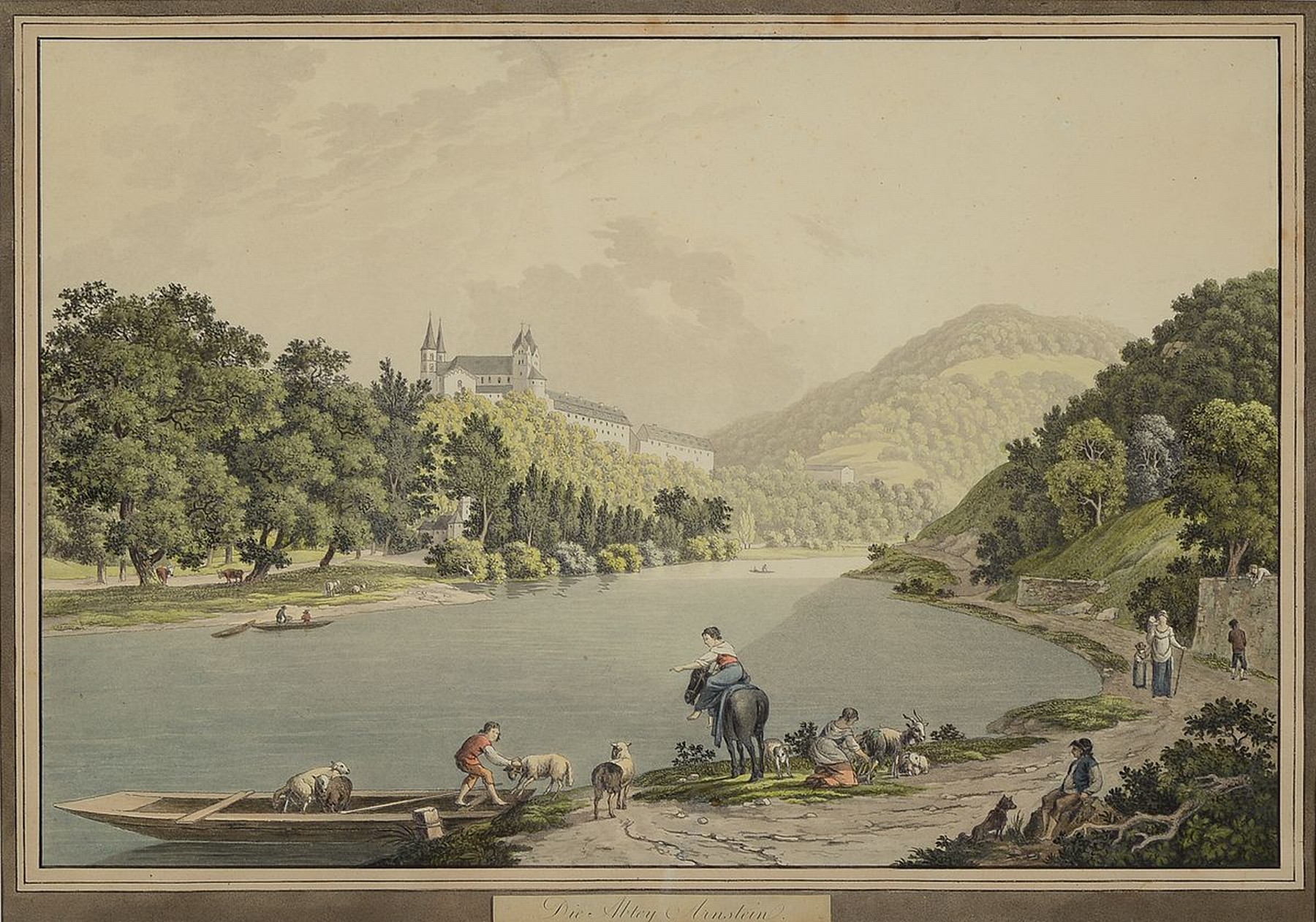 Friedrich Chr. Reinermann, 1764-1835, Arnstein Lahn, "die Abtey Arnstein", Ansicht des Klosters über die Lahn, altkolorierte Aquatinta, um ...