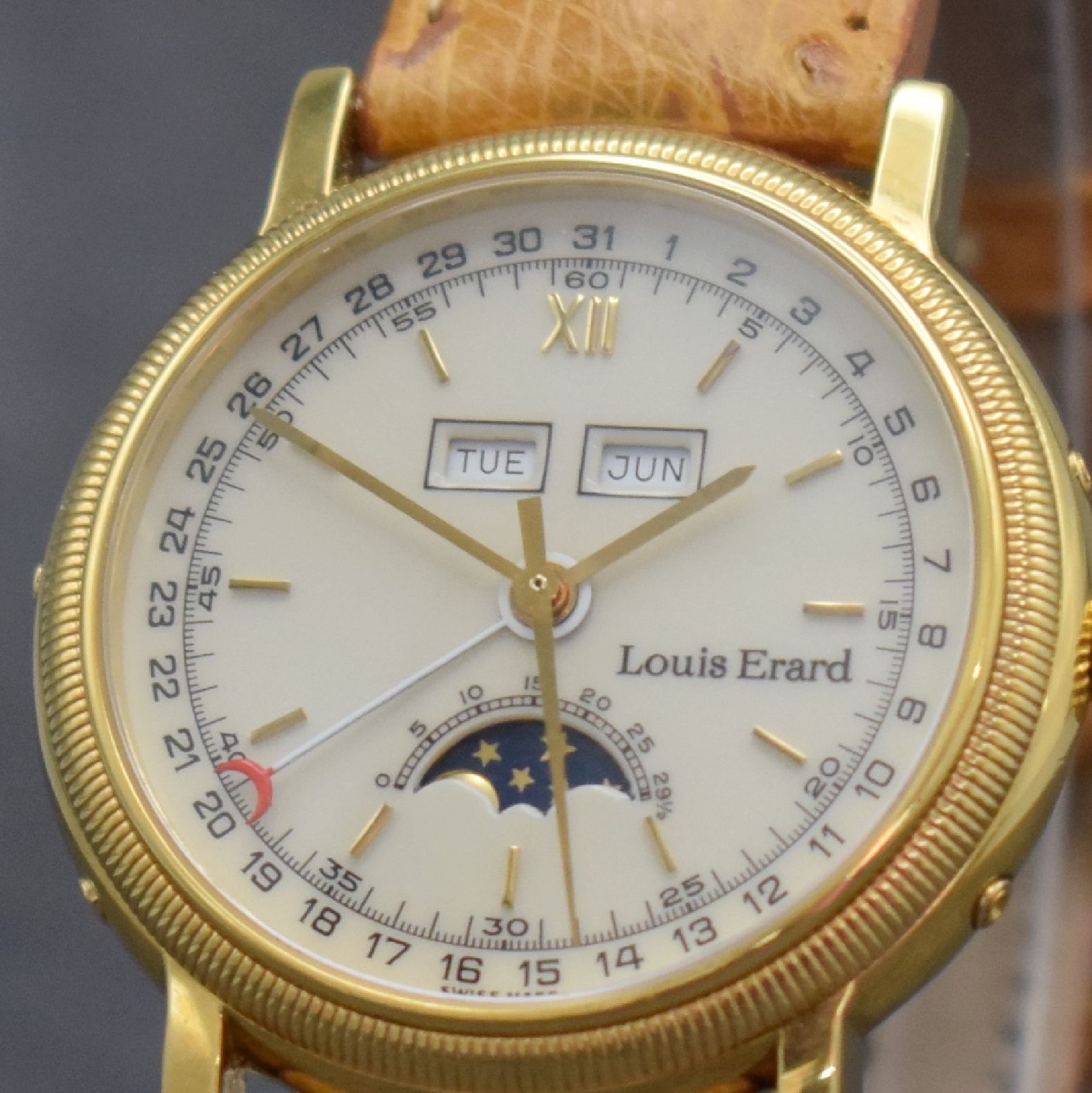 Detail c: LOUIS ERARD Armbanduhr mit Vollkalender inklusive Mondphase, Automatik, Schweiz um 1995, verg. Metallgeh. inkl. orig. Lederband m. orig. Dornschl., ...