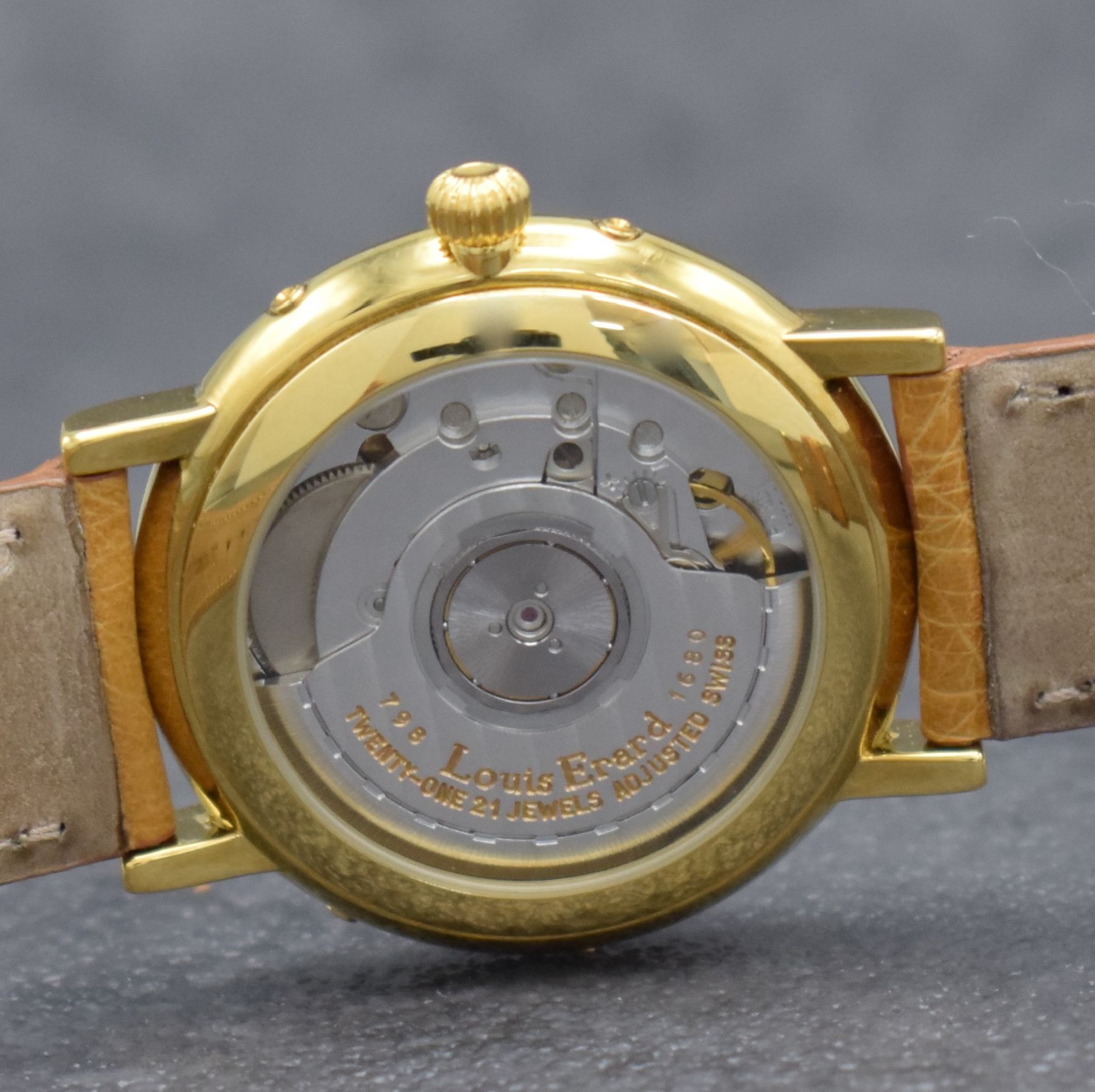Detail f: LOUIS ERARD Armbanduhr mit Vollkalender inklusive Mondphase, Automatik, Schweiz um 1995, verg. Metallgeh. inkl. orig. Lederband m. orig. Dornschl., ...