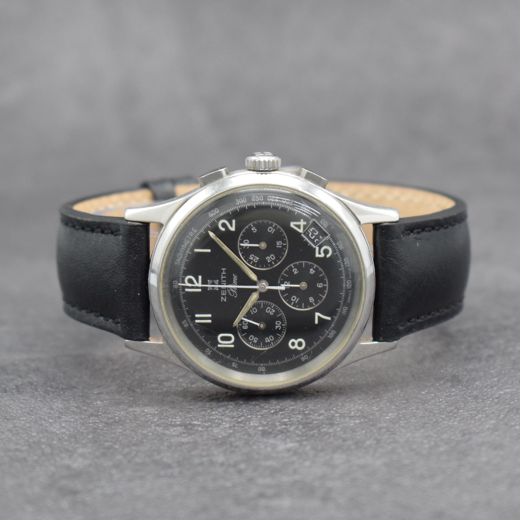 ZENITH Schaltradchronograph Prime, Handaufzug, Schweiz um 2000, beids. vergl. Geh., Ref. 01-0010.420, Boden verschr., schwarzes Kontrastzifferbl. m. ...