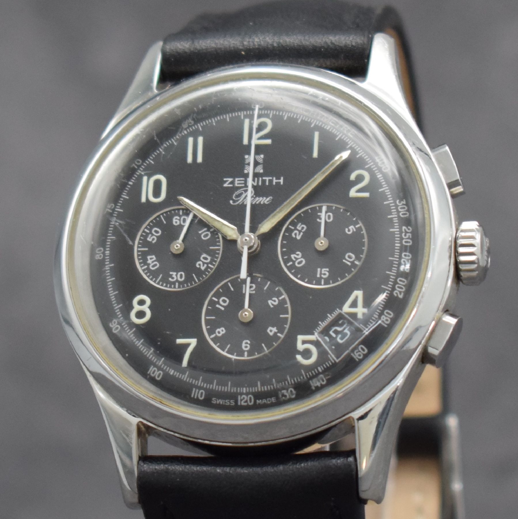 Detail c: ZENITH Schaltradchronograph Prime, Handaufzug, Schweiz um 2000, beids. vergl. Geh., Ref. 01-0010.420, Boden verschr., schwarzes Kontrastzifferbl. m. ...