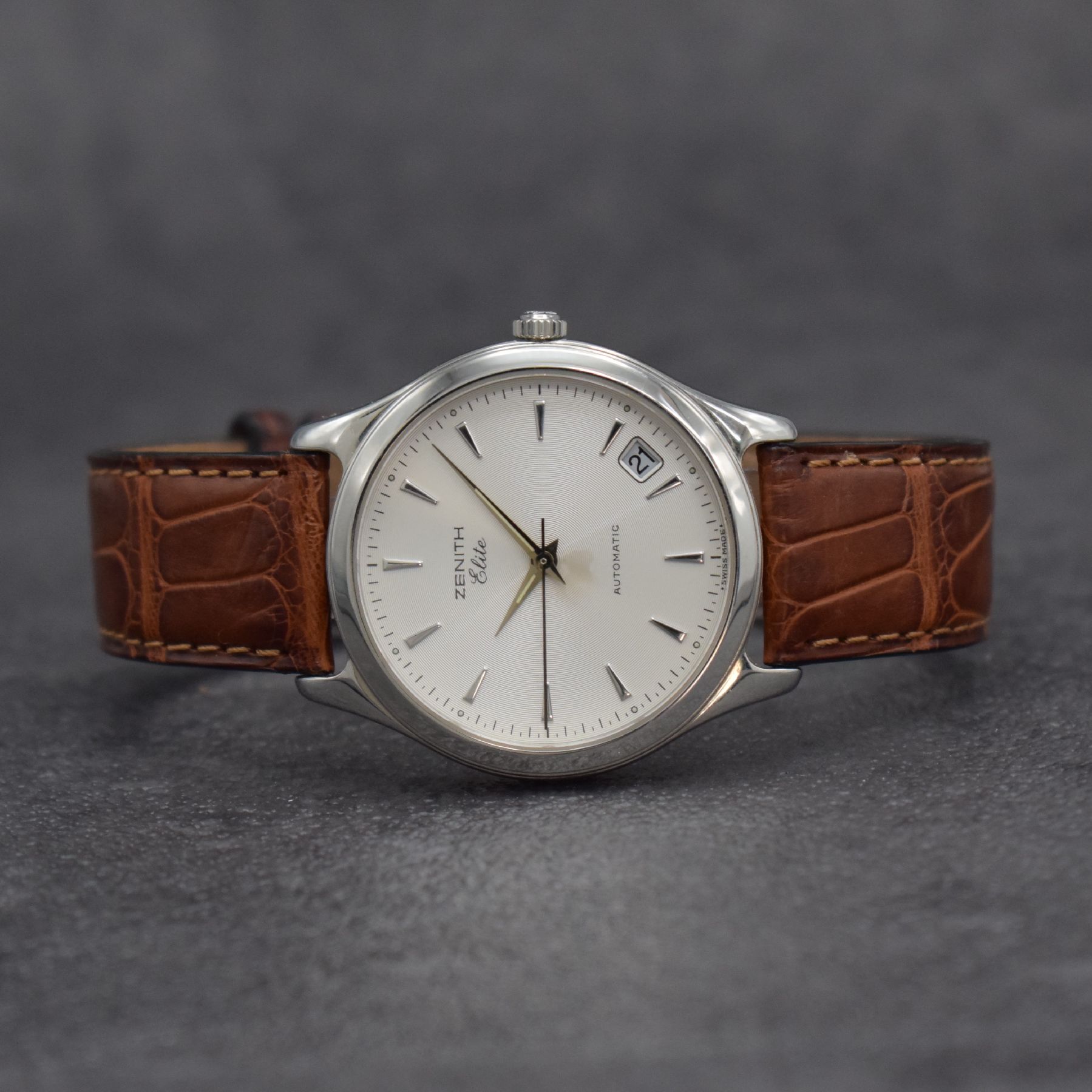 ZENITH feine Herrenarmbanduhr Serie Elite, Schweiz um 1996, Ref. 90/010040 670, Automatik, Edelstahlgeh. inkl. orig. Lederband m. orig. Dornschl., ...