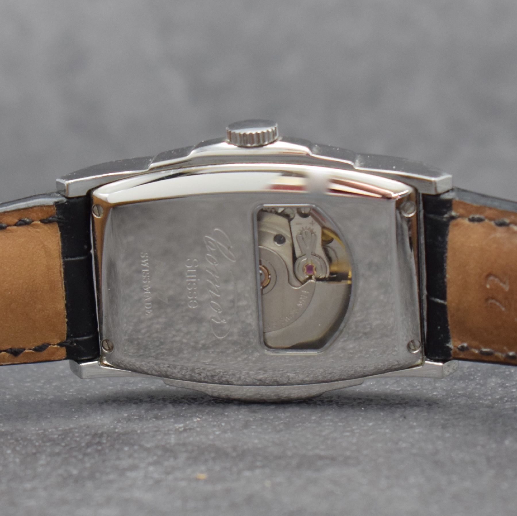 Detail c: COMOR Herrenarmbanduhr L´Architecte 1926, Schweiz um 2005, Automatik, Edelstahlgeh. im Art-Deco Stil, 4-fach verschr. Boden m. Sichtfenster, neutr. ...