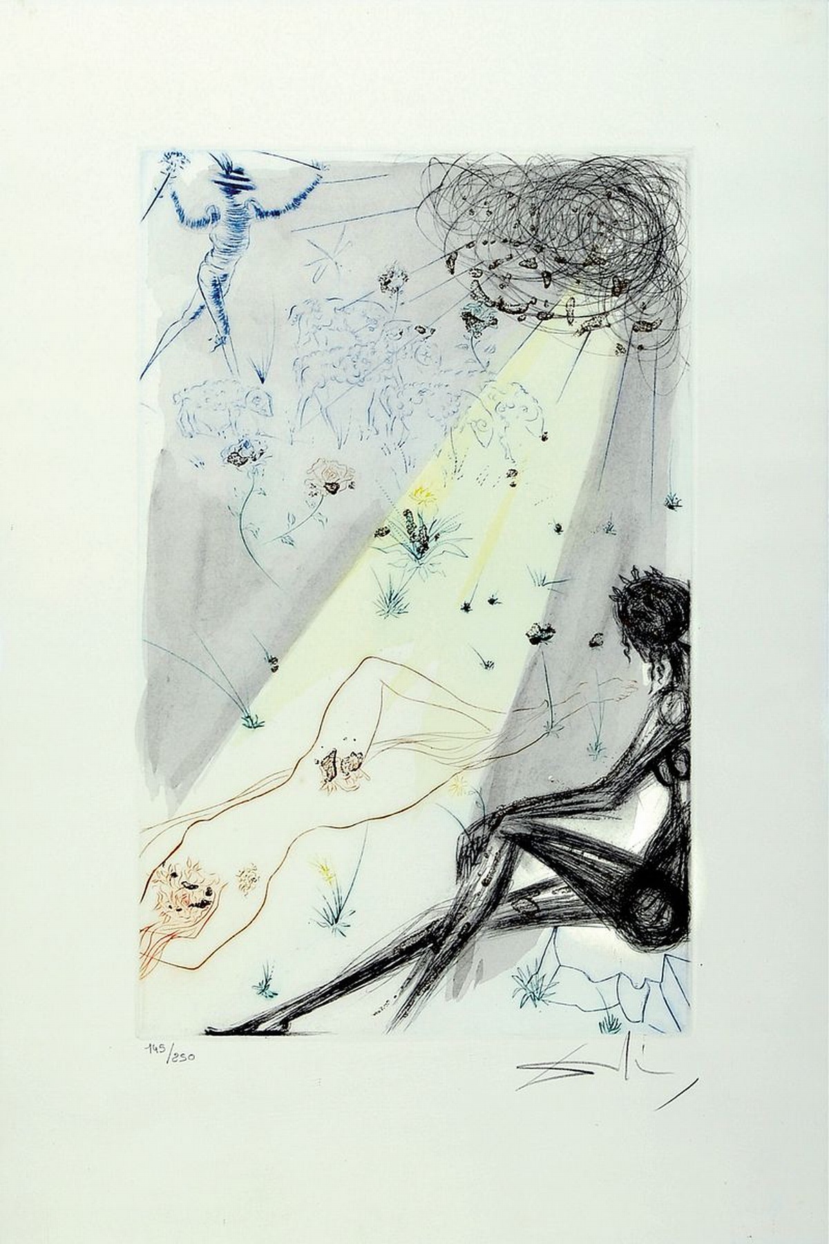 Salvador Dali, 1904-1989, Die Schafherde, Radierung von 1971 aus der Folge: Das Hohe Lied des Salomon, auf Arches Bütten, mit Pochoir und ...