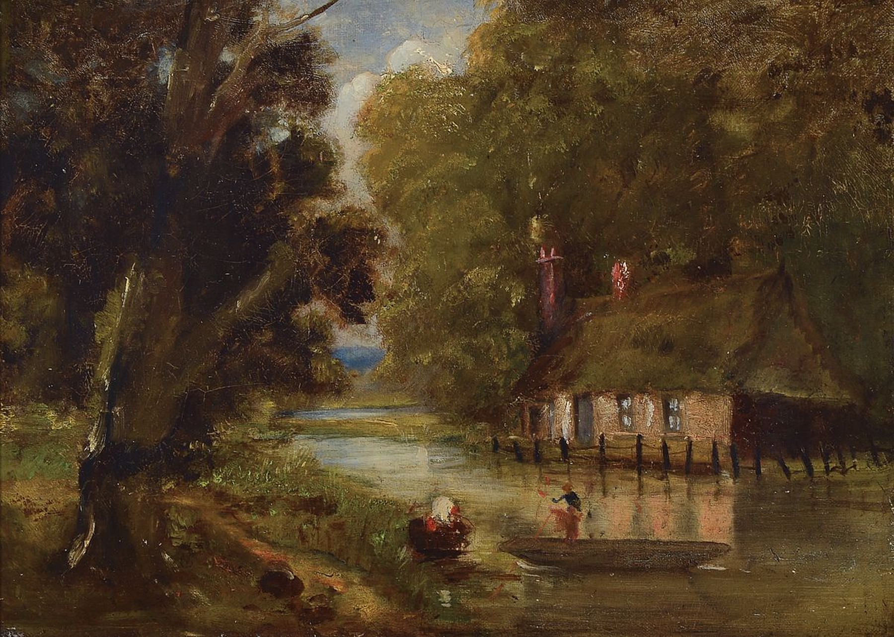 Unbekannter Künstler, England, um 1900, Hütte am See im Wald, spätromantische Malerei in Öl/Lwd, unsigniert, ca. 25x35cm, R. ca. 44x54cm