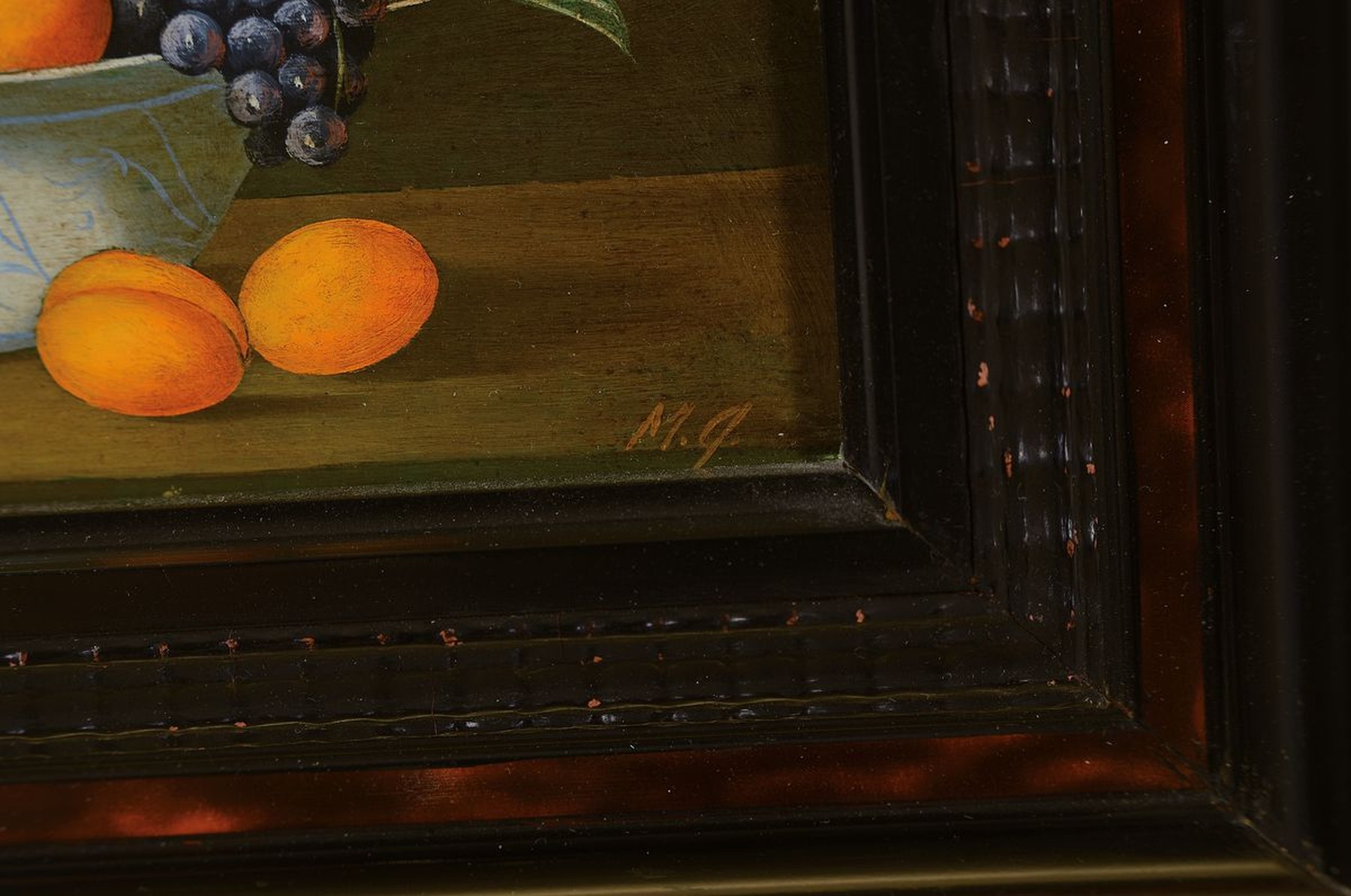 Detail a: Monogrammist M.Q., zeitgenössischer Traditionalist, zwei Pendants mit Obststillleben im Stil der alten Meister, Öl/Lwd, beide monogrammiert, je ca. ...