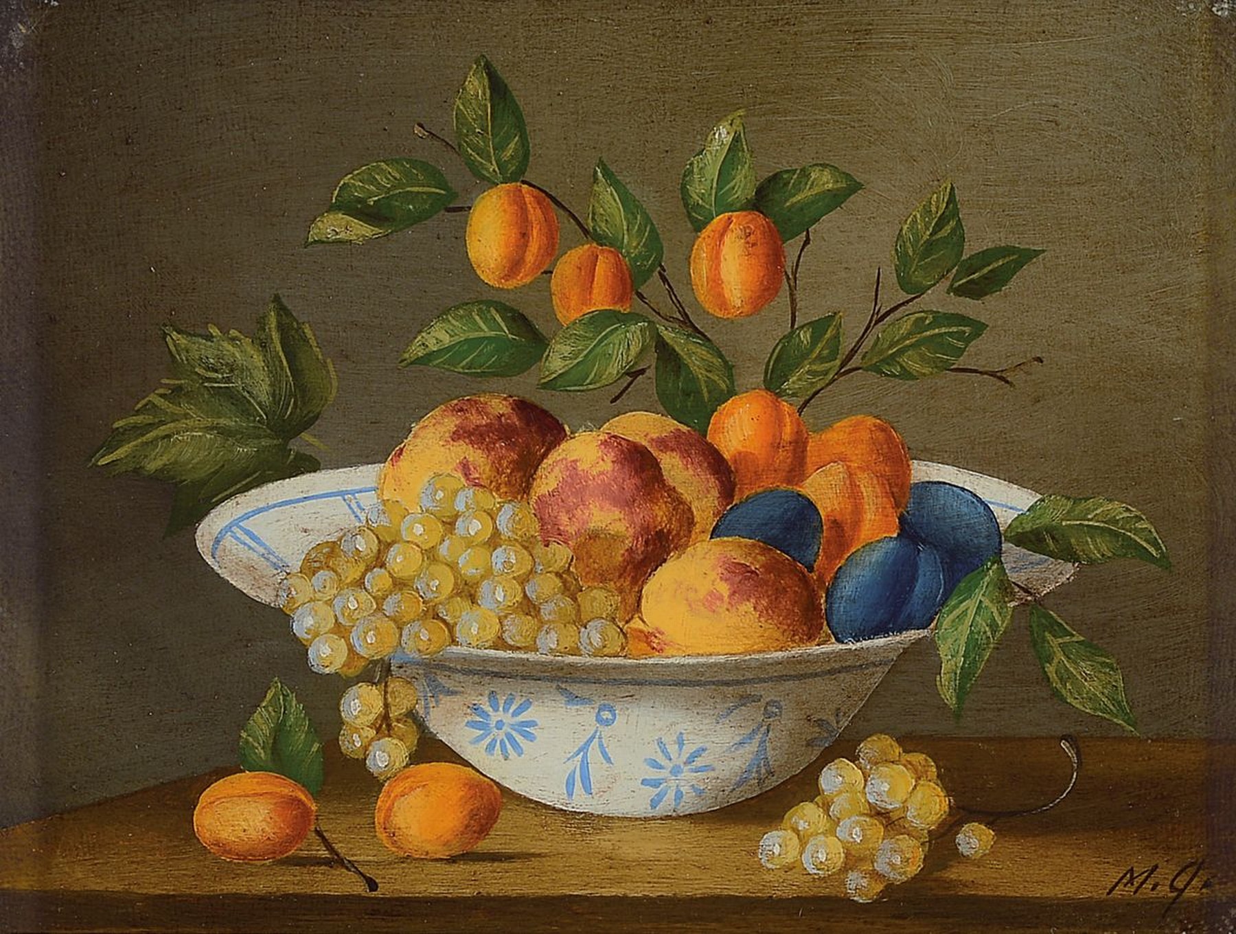 Detail c: Monogrammist M.Q., zeitgenössischer Traditionalist, zwei Pendants mit Obststillleben im Stil der alten Meister, Öl/Lwd, beide monogrammiert, je ca. ...