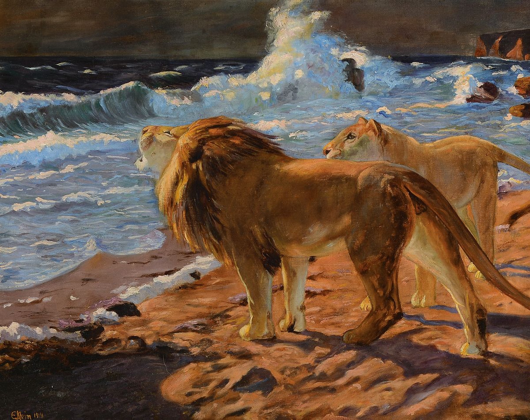 Erna Klein, geb. 1890 Horn, war tätig in Wien und ab 1938 in den USA, hier: Löwenpaar am Strand, Öl/Lwd, signiert und datiert 1914, ca. 56.5x71cm, ...
