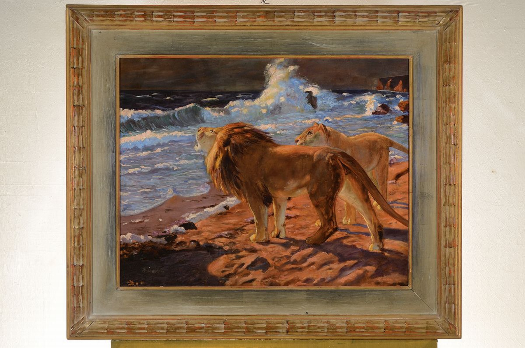 Detail k: Erna Klein, geb. 1890 Horn, war tätig in Wien und ab 1938 in den USA, hier: Löwenpaar am Strand, Öl/Lwd, signiert und datiert 1914, ca. 56.5x71cm, ...