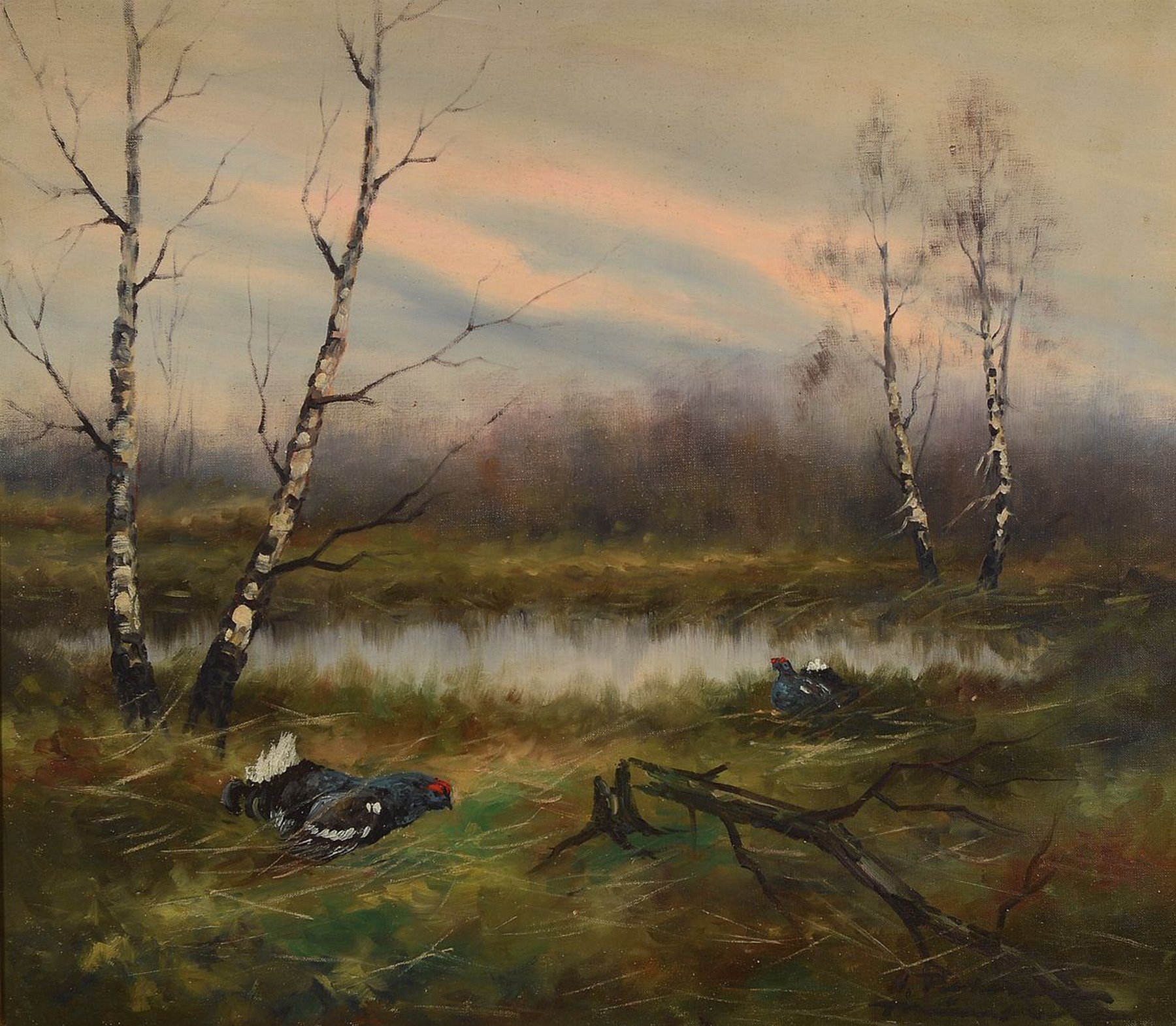 H. Petersen, Maler des 20. Jh., Auerhähne am Waldteich, Öl/Lwd, rechts unten signiert, ca. 70x80cm, R. ca. 88x98cm