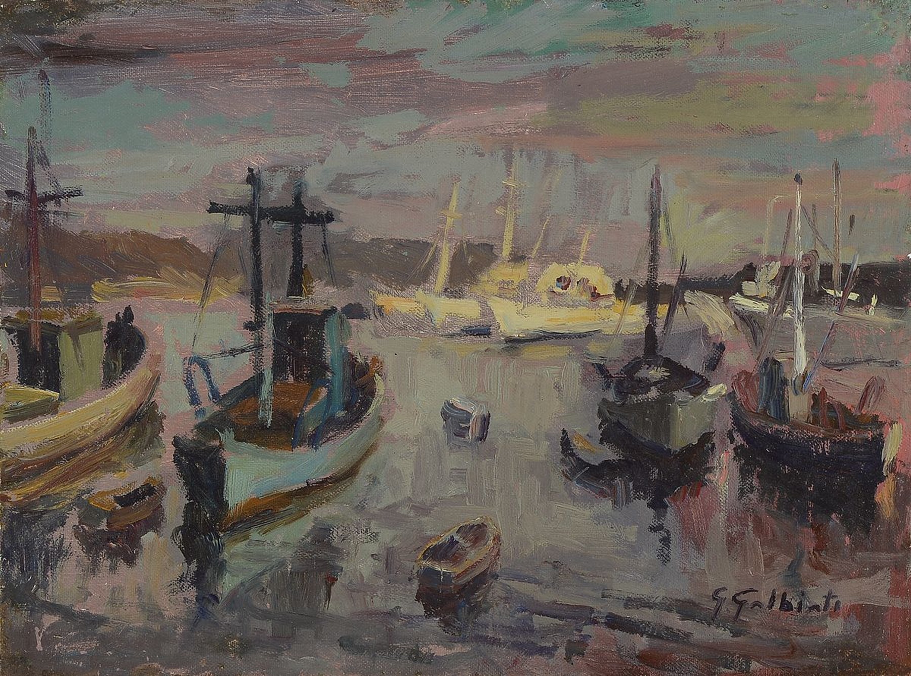 Giacinto Galbiati, 1908-1992, Schiffe im Hafen, Öl/Lwd, rechts unten signiert, rückseitig mit handschriftlicher Widmung von 1971, ca. 30x40cm, R. ...