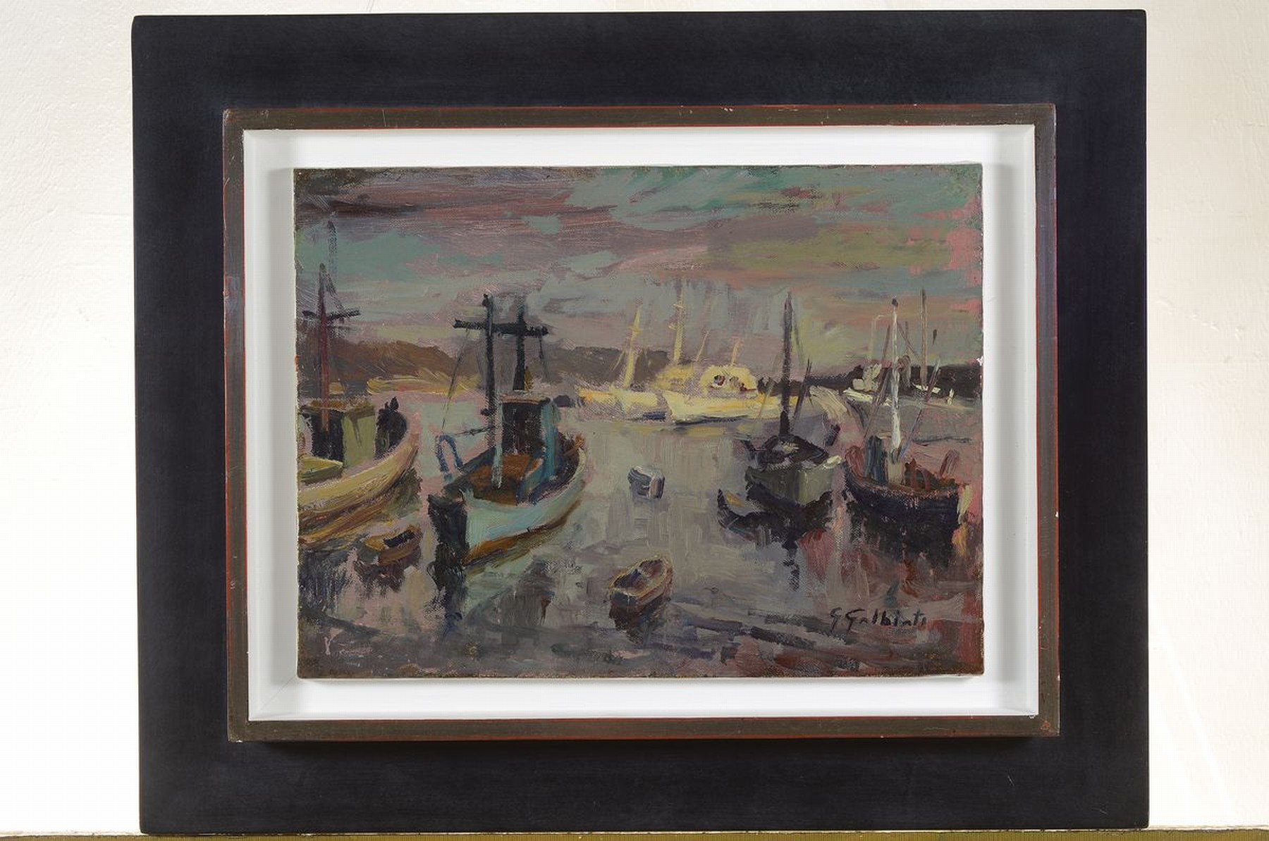 Detail k: Giacinto Galbiati, 1908-1992, Schiffe im Hafen, Öl/Lwd, rechts unten signiert, rückseitig mit handschriftlicher Widmung von 1971, ca. 30x40cm, R. ...