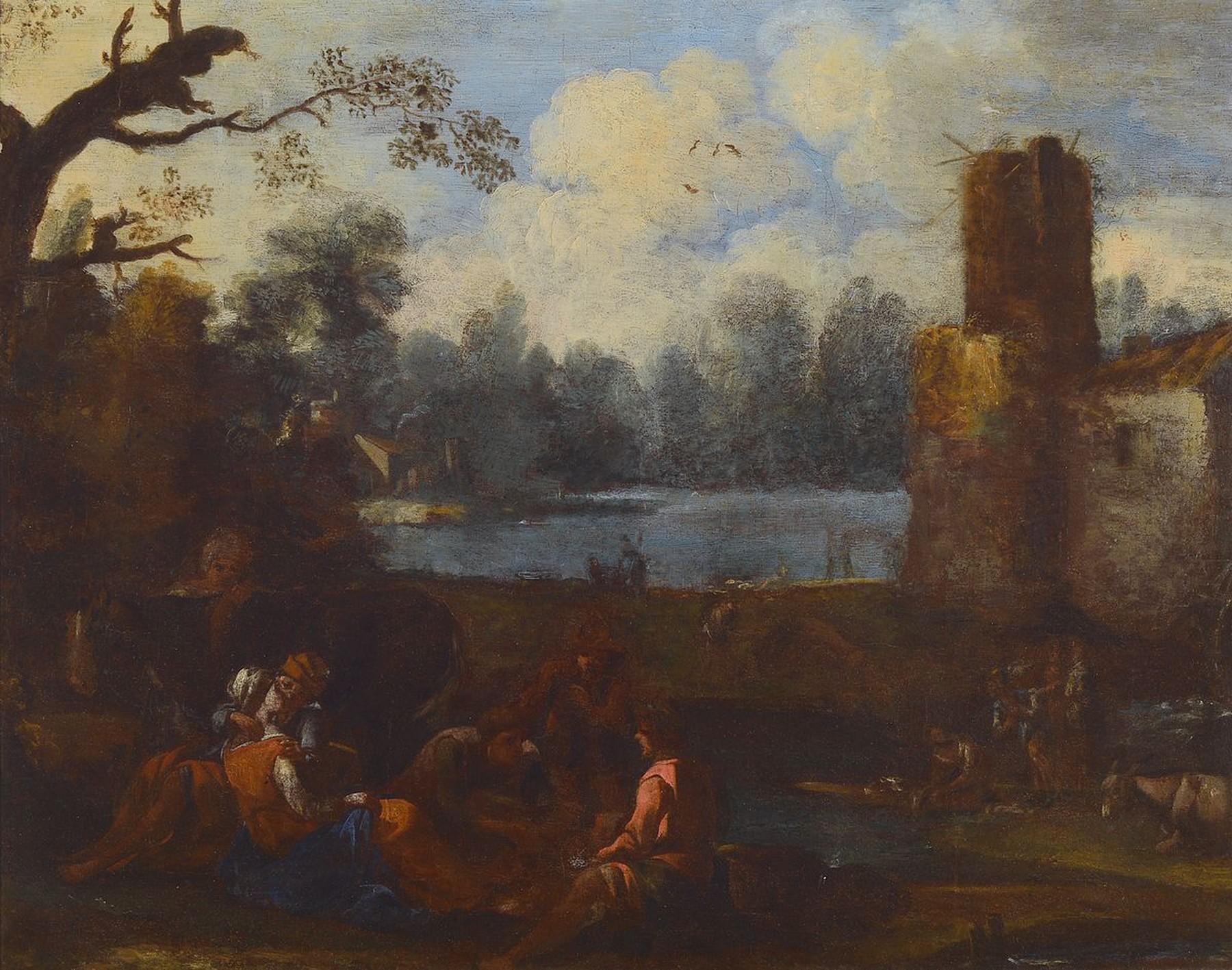 Unbekannter Künstler, Italien, 2. Hälfte 18. Jh., Ruinenlandschaft mit lagernden Personen, Wäscherinnen und Esel, Öl/Lwd, doubl., rest., ca. ...