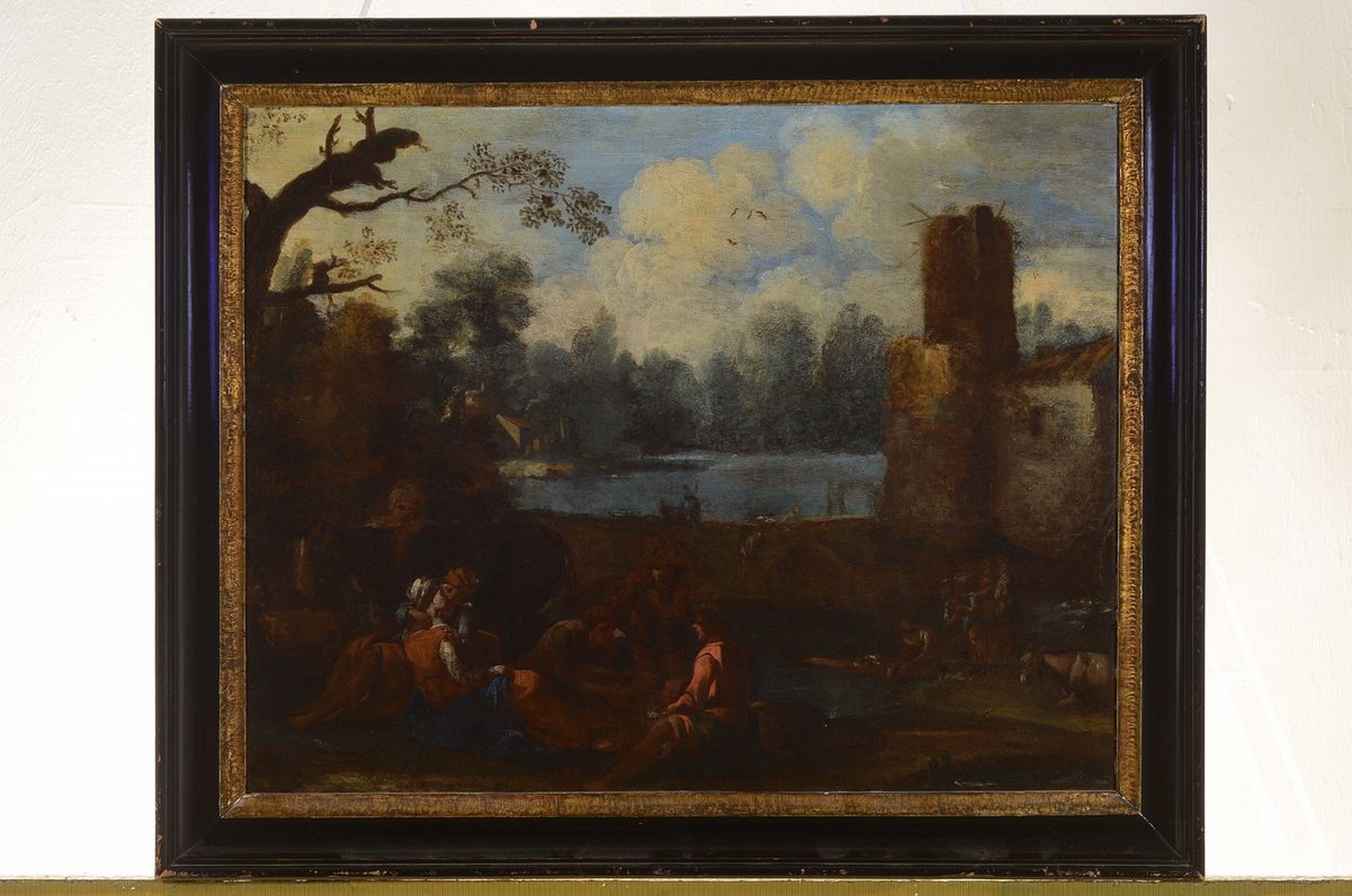 Detail k: Unbekannter Künstler, Italien, 2. Hälfte 18. Jh., Ruinenlandschaft mit lagernden Personen, Wäscherinnen und Esel, Öl/Lwd, doubl., rest., ca. ...