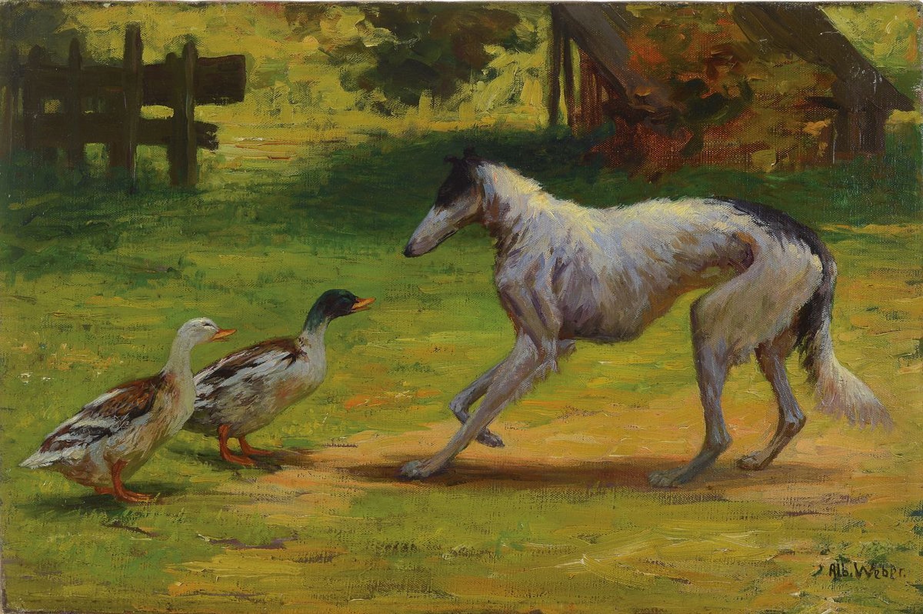 Alb. Weber, Münchener Maler, um 1910, Windhund und zwei Enten auf der Wiese, Öl/Lwd, rechts unten signiert, rückseitig bez.: Alber Weber München ...