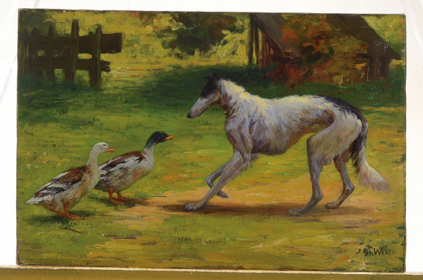 Detail k: Alb. Weber, Münchener Maler, um 1910, Windhund und zwei Enten auf der Wiese, Öl/Lwd, rechts unten signiert, rückseitig bez.: Alber Weber München ...