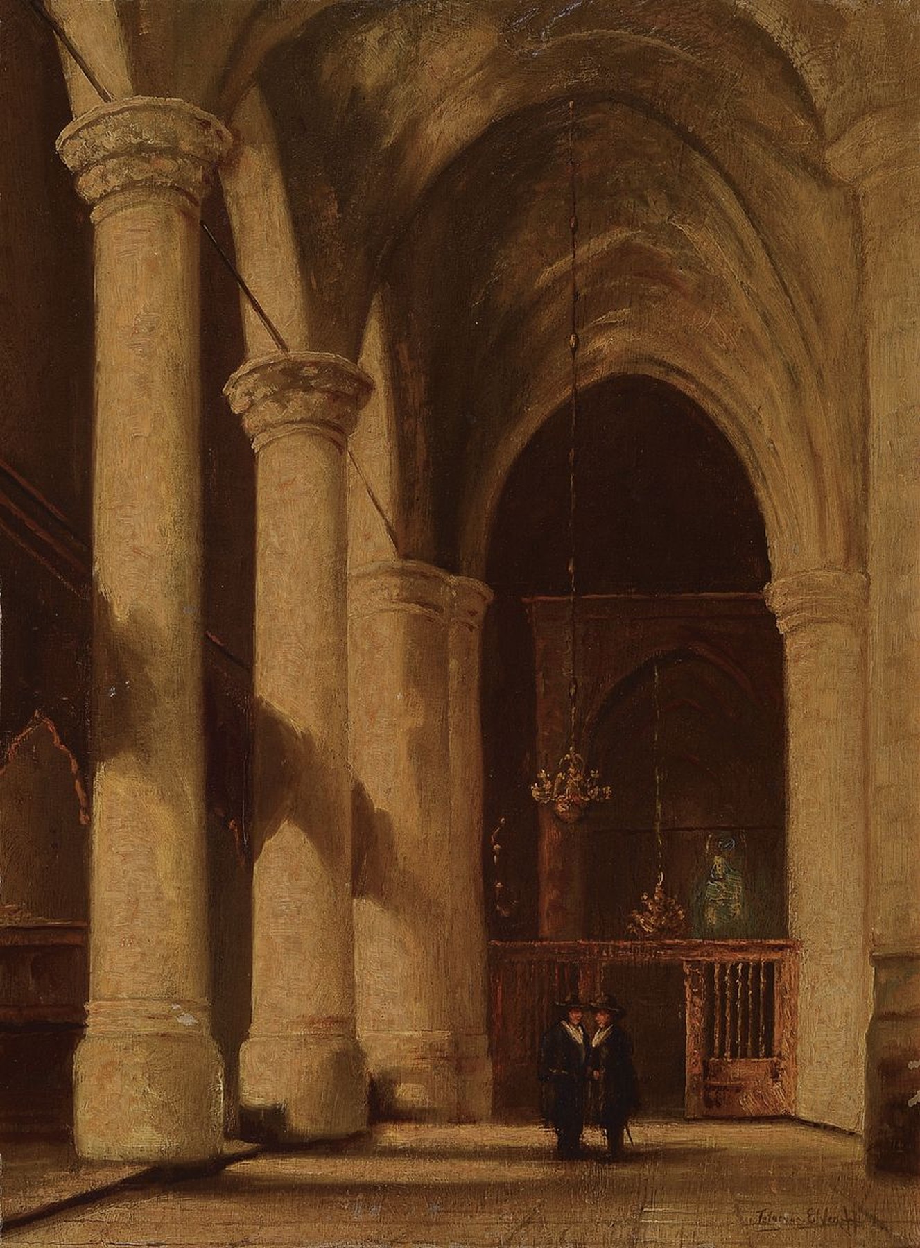 Jean Baptist Tetar van Elven, 1805 - 1879, Kircheninterieur mit zwei Herren, Öl/Lwd, signiert, ca. 40 x 30 cm,Rahmen