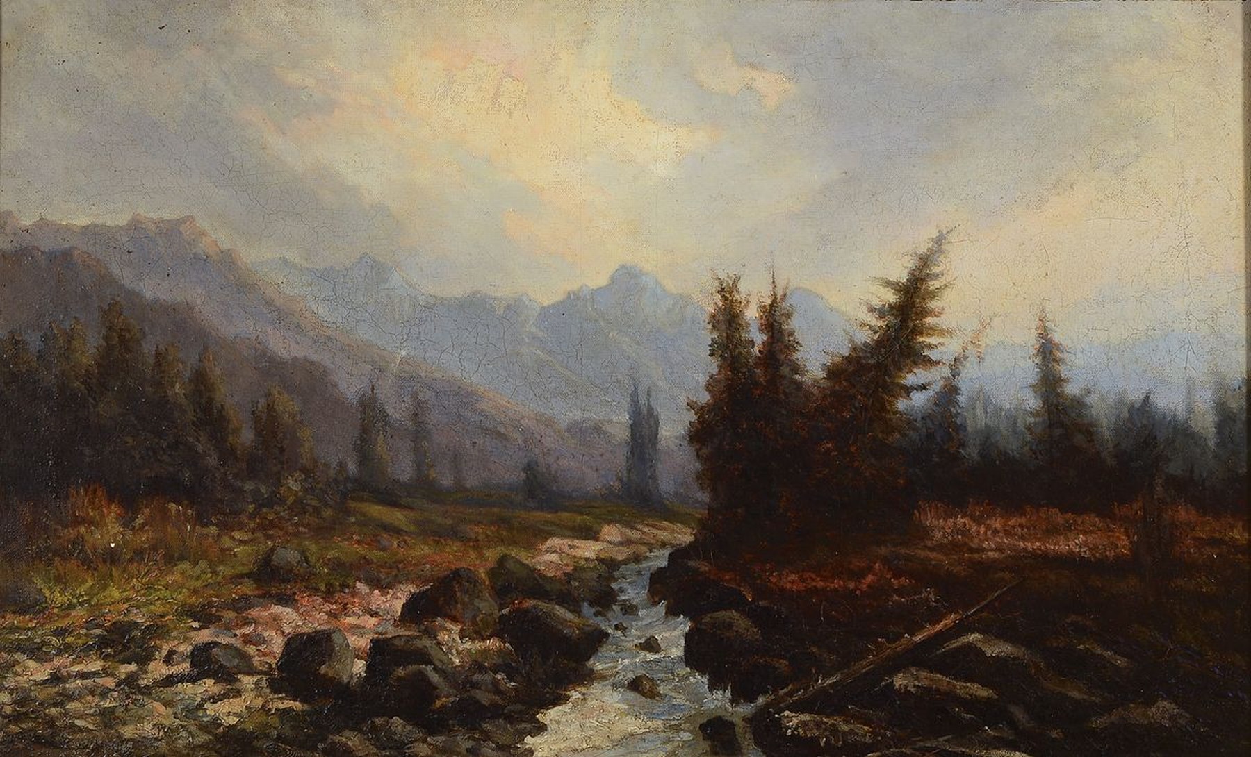 Detail a: Unbekannter Künstler, deutsch, um 1900, zwei Pendants: Gebirgslandschaften mit Bachläufen, Öl/Lwd, je ca. 38x61cm, R. ca. 50x73cm