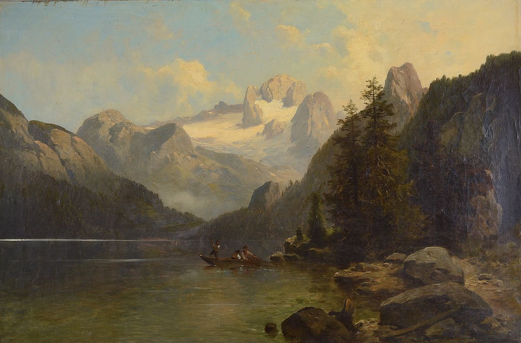 Josef Thoma, 1828-1899 Wien, Gebirgslandschaft mit Fischern und See, Öl/Lwd, rechts unten signiert, ca. 53x78cm, ca. 15cm breiter Prunkrahmen mit ...