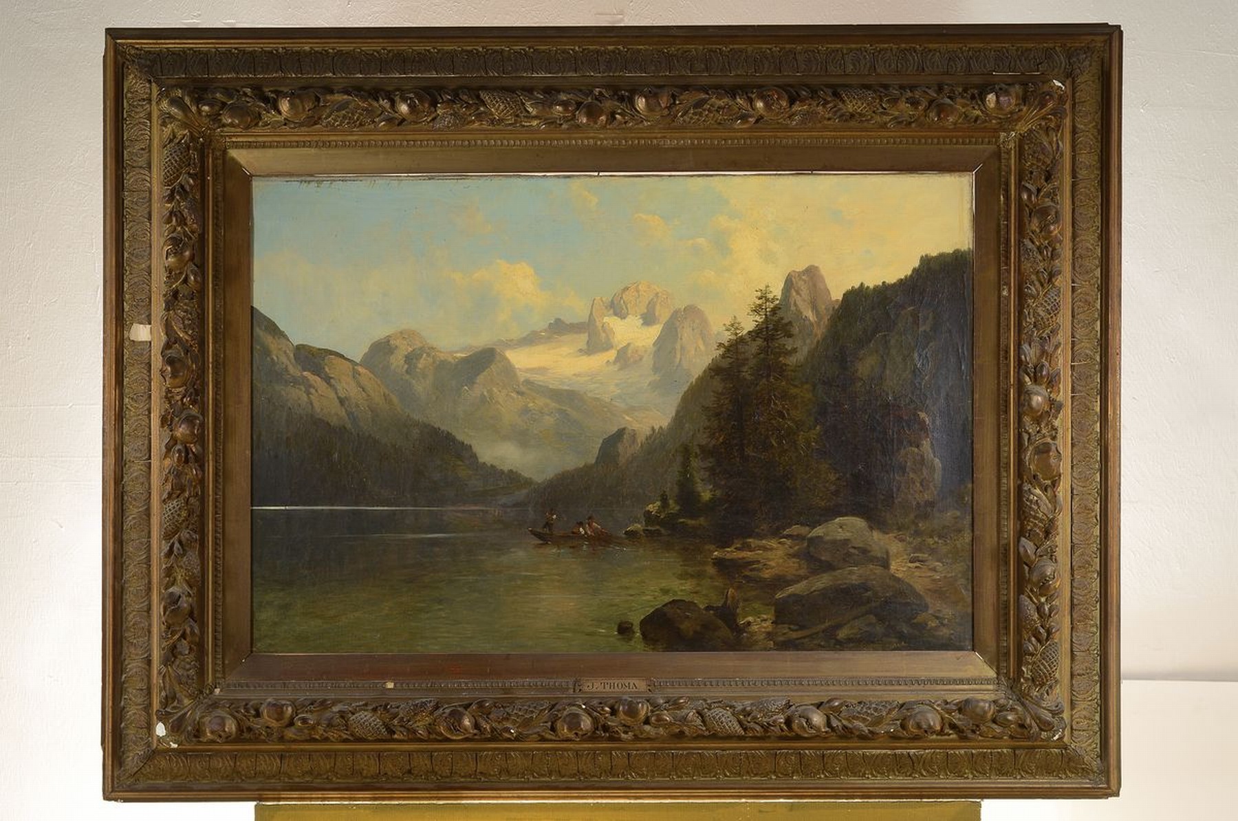 Detail k: Josef Thoma, 1828-1899 Wien, Gebirgslandschaft mit Fischern und See, Öl/Lwd, rechts unten signiert, ca. 53x78cm, ca. 15cm breiter Prunkrahmen mit ...